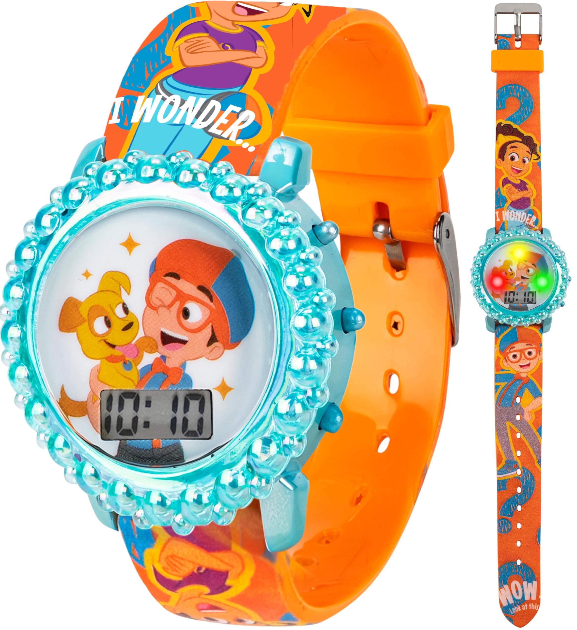 Blippi Educational LCD Watch for Kids - Flashing LED Lights, Colorful Learning Accessory, Comfortable Strap, with Bonus Gift Tin, Blippi LCD Watch, Modern