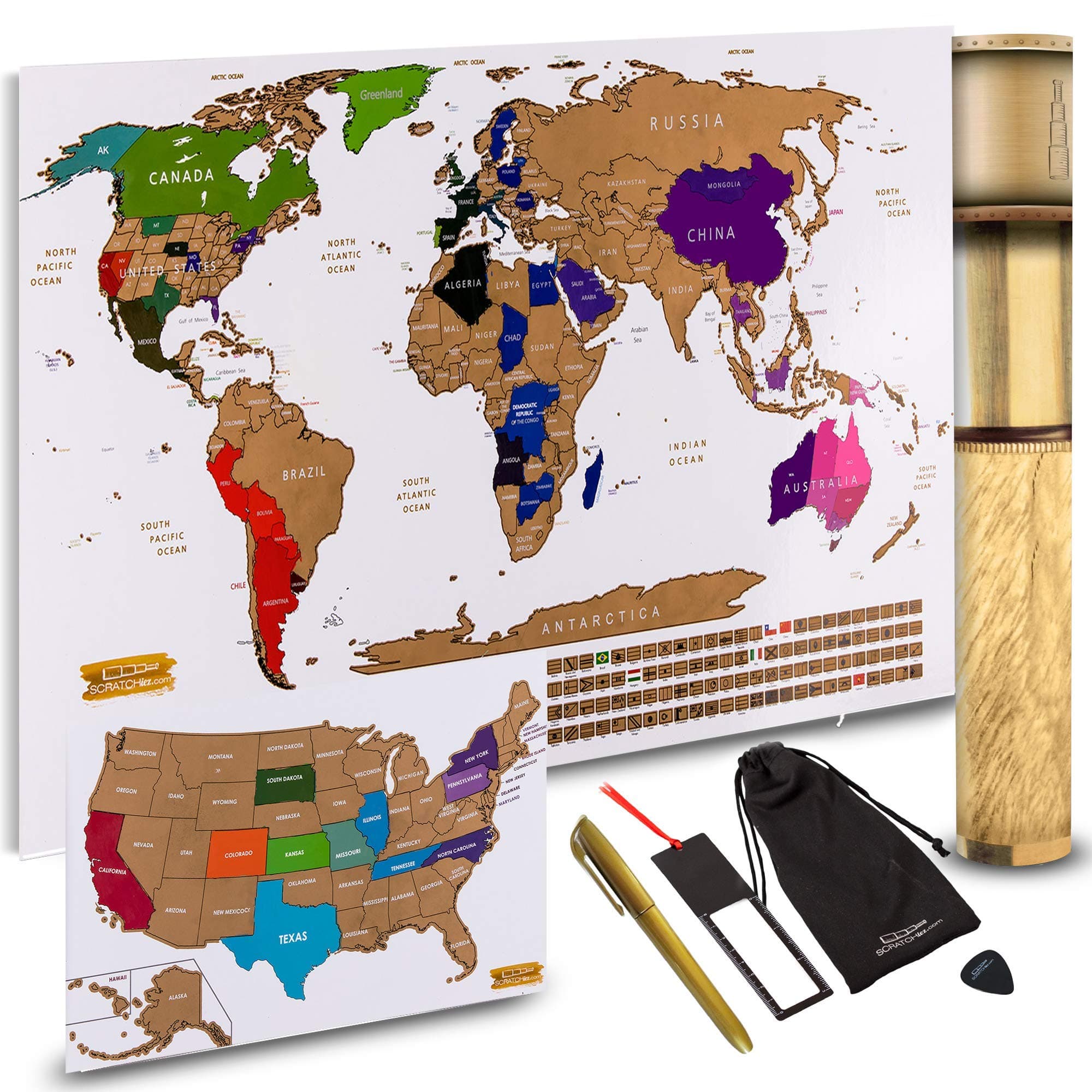 Scratch Off World Map + Scratch Off USA Map Travel Poster | US States and World Country Flags Detailed in Large 30" x 17" Size Scratchable Tracker Poster | Premium Travelers Wall Set (White/Gold)