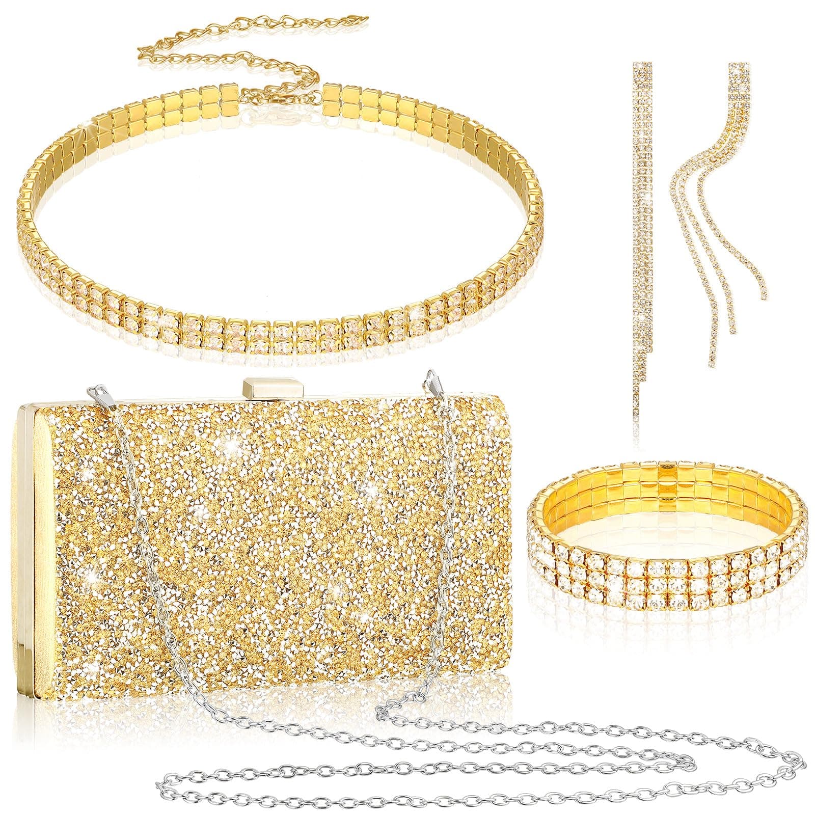 4 Pieces Women Rhinestone Evening Clutch Bag Bling Earring Necklace Bracelet for Wedding Graduation Prom
