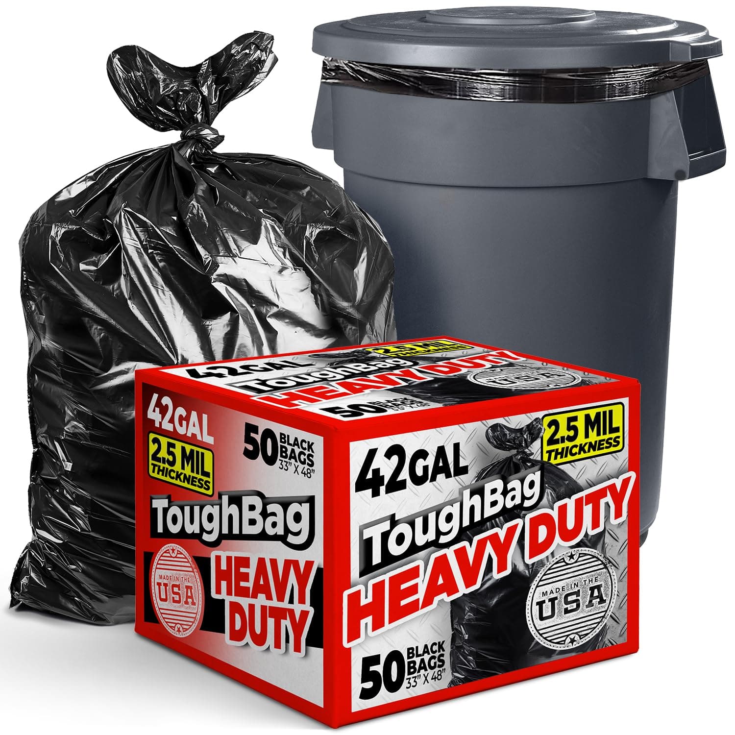 ToughBag 42 Gallon Trash Bags, 2.5 Mil Contractor Garbage Bags (50 COUNT) Heavy Duty Black Garbage Can Liners, 33 x 48" - Construction, Lawn, Industrial, Leaf - Made in USA
