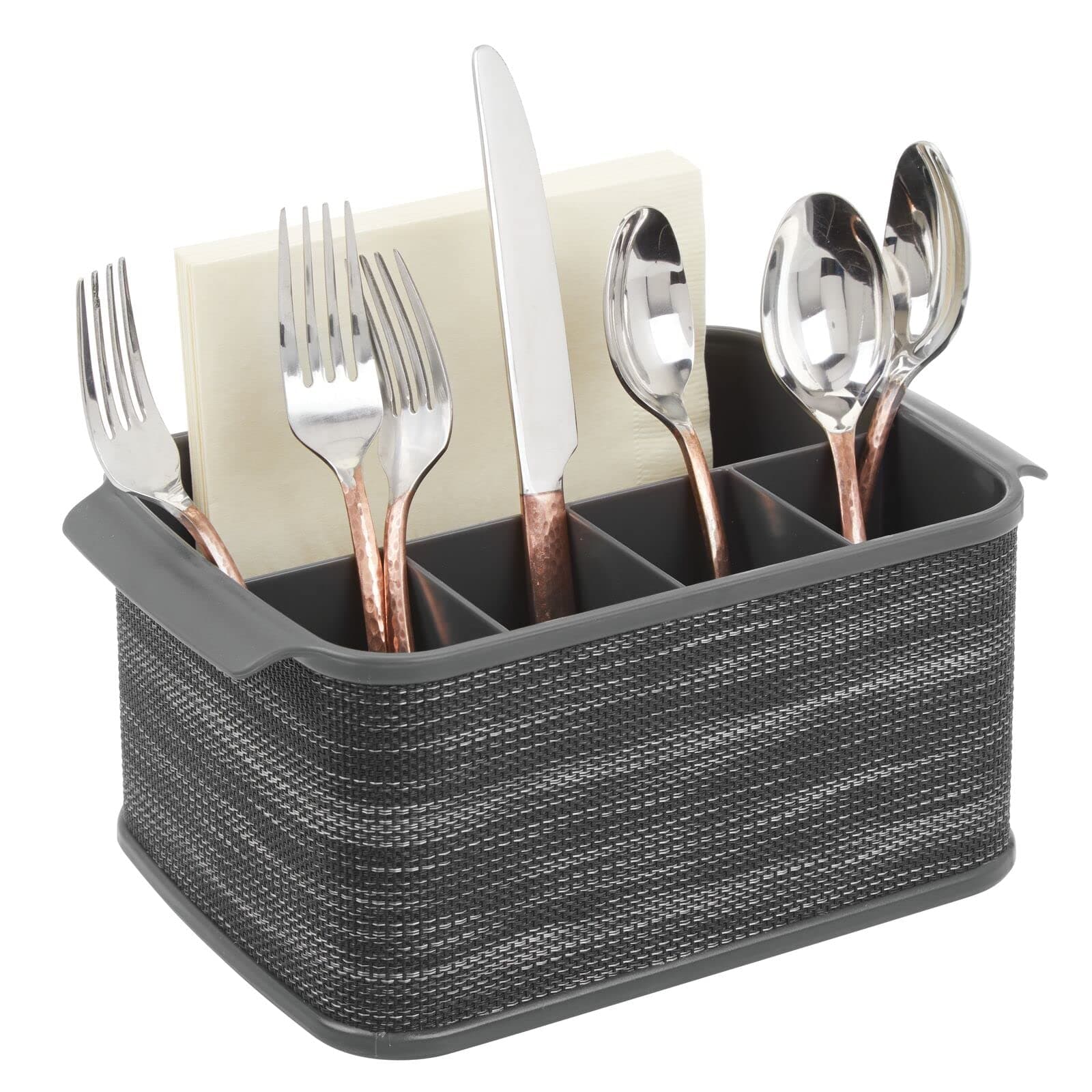 mDesignCutlery Holder with Handles – Decorative Cutlery Basket for Kitchen, Garden or Picnic – Storage Box with Large Compartments – Charcoal