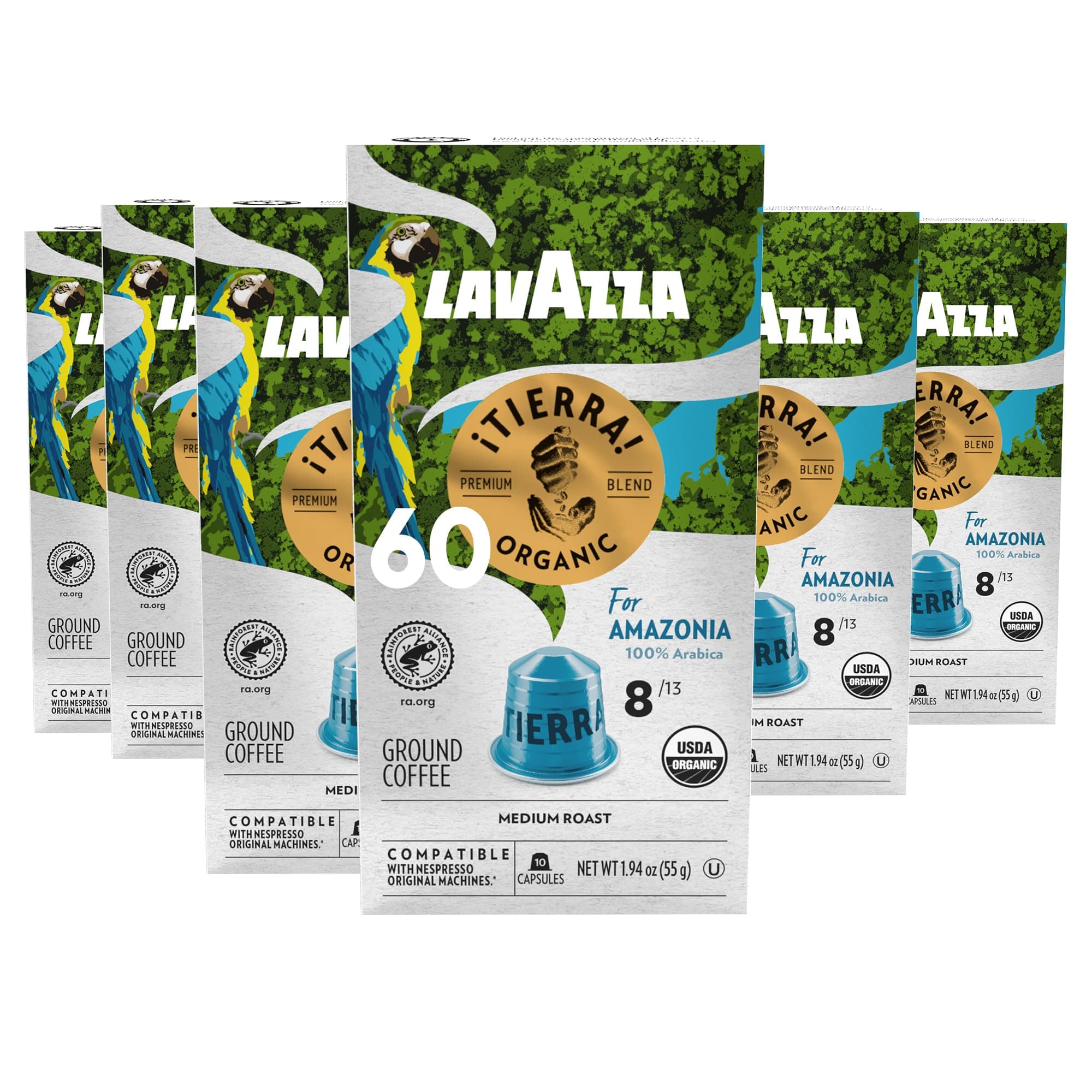 Lavazza TIERRA AMAZONIA USDA ORGANIC Espresso Aluminum Capsules Compatible with Nespresso Original Machines (Pack of 60) ,Value Pack, Medium Roast 100% Arabica, Round & Balanced, notes of chocolate & caramel, Intensity 8 of 13