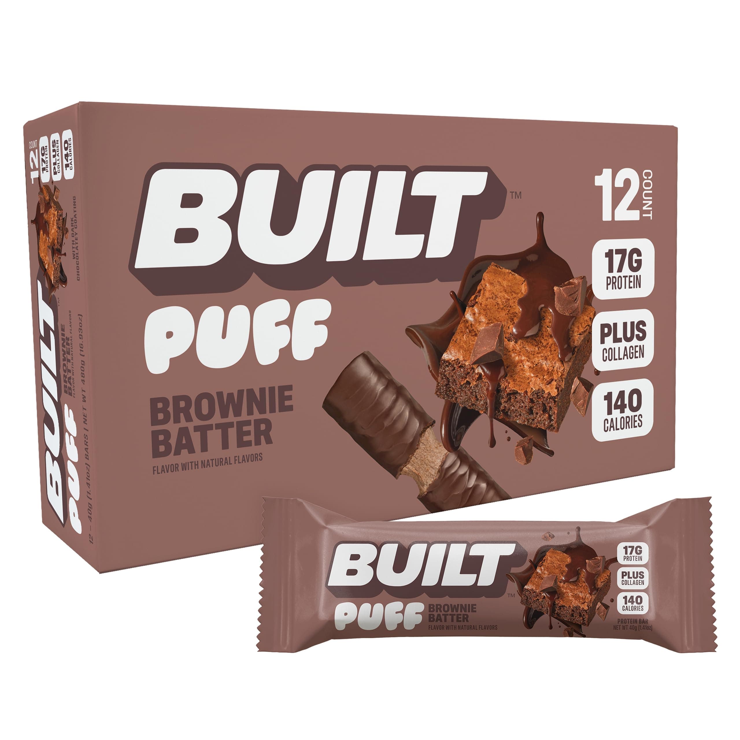 Puff Protein Bars, Brownie Batter Puff, 17g Protein Snacks, On-The-Go Bars, Only 140 Calories, 6g Sugar, Collagen, Gluten Free, 12 Count