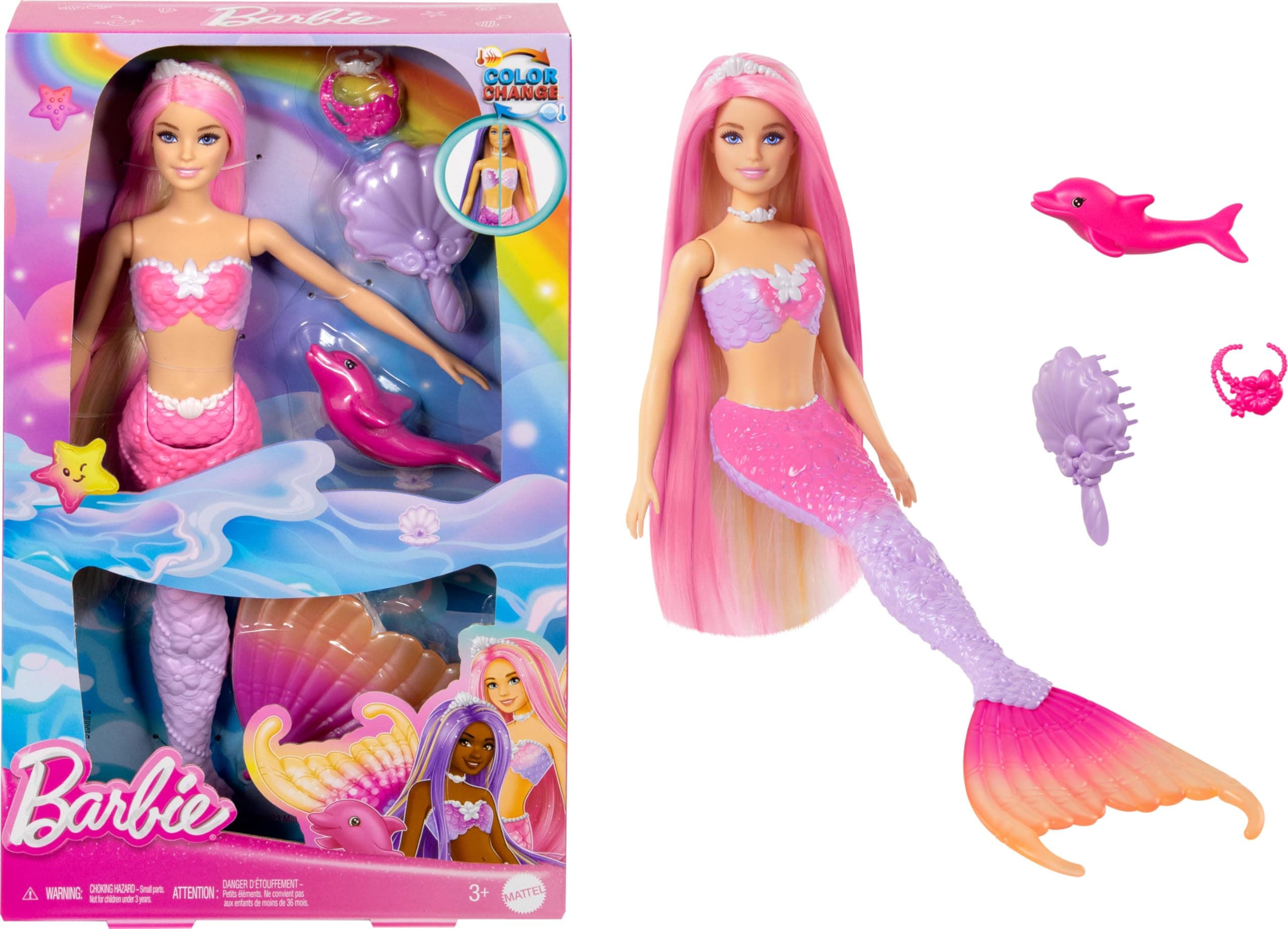 Mermaid Doll, “Malibu” with Pink Hair, Styling Accessories, Pet Dolphin and Water-Activated Color Change Feature (Amazon Exclusive)