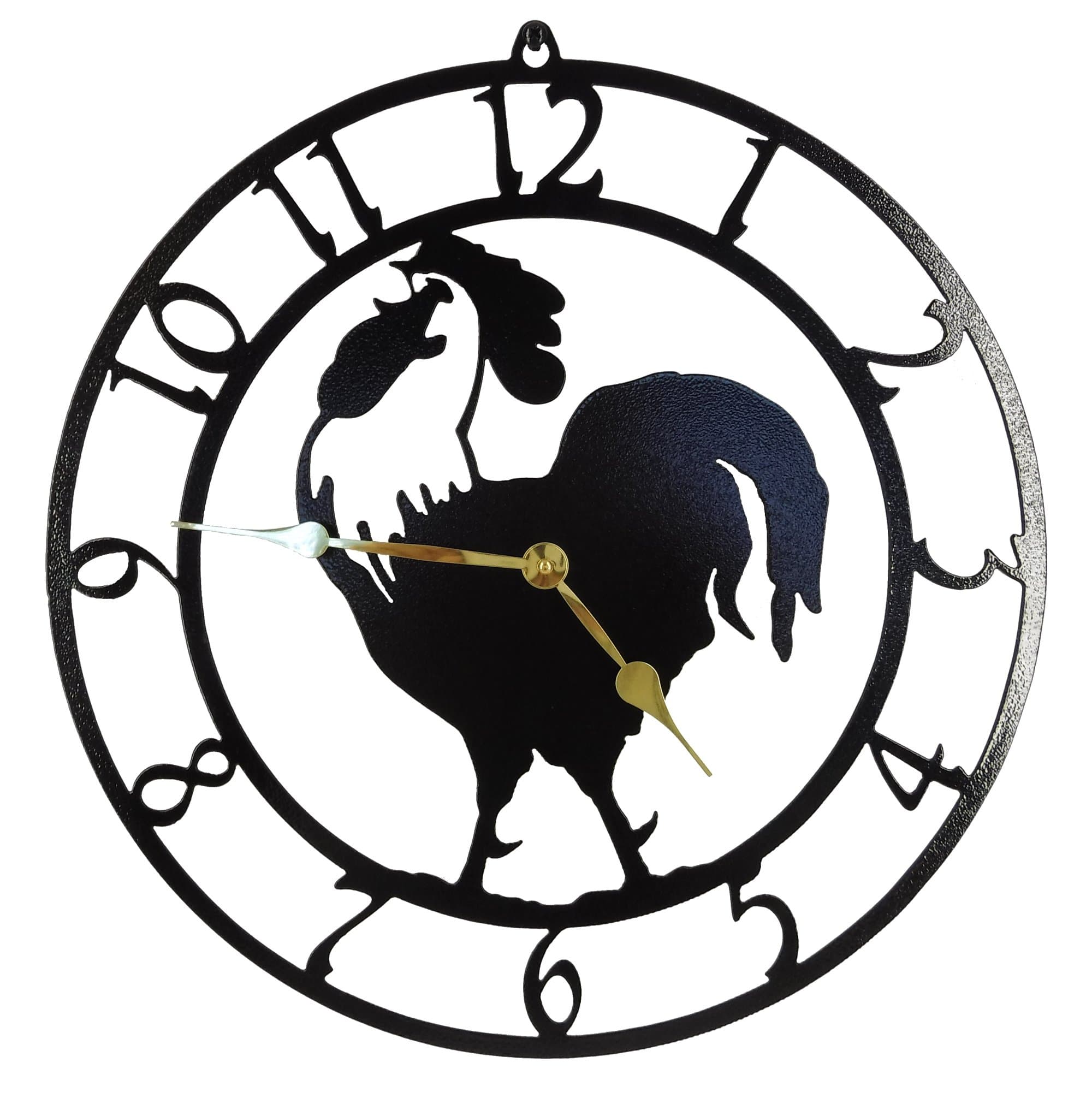Rooster Wall Clock. Gloss Black with Brass Hands. Quartz Movement. Handmade in America.