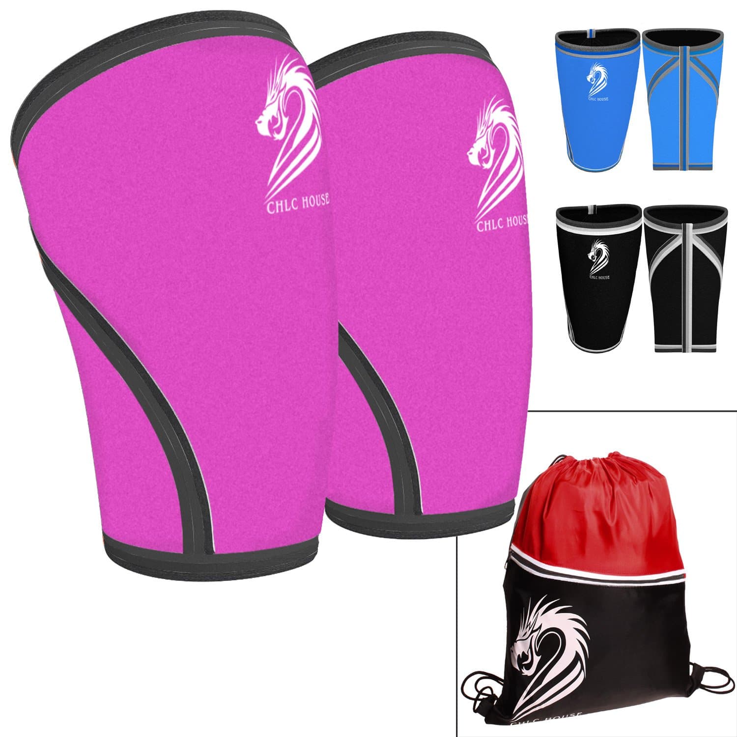 CHLC HOUSE Knee Sleeves (1 Pair) Free Gym Bag - Squat Knee Support & Compression for Powerlifting, Olympic Weightlifting, Crossfit, Bodybuilding - 7mm Neoprene - For Men & Women- L Pink