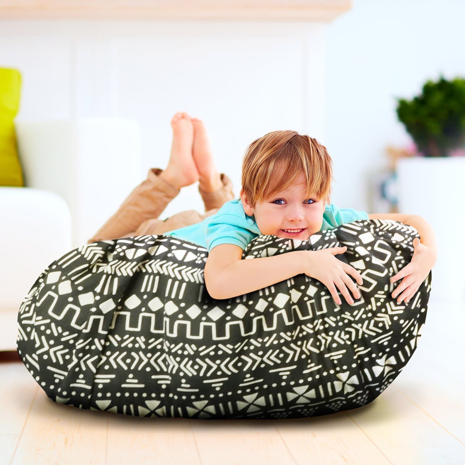 Jumbo Stuffed Animal Storage Bean Bag Chair & Portable Play Mat Bag - Extra Large 60 Inch Gather-N-Go Toy Organizer w/ Black Geometric Print by Kiddo Kind