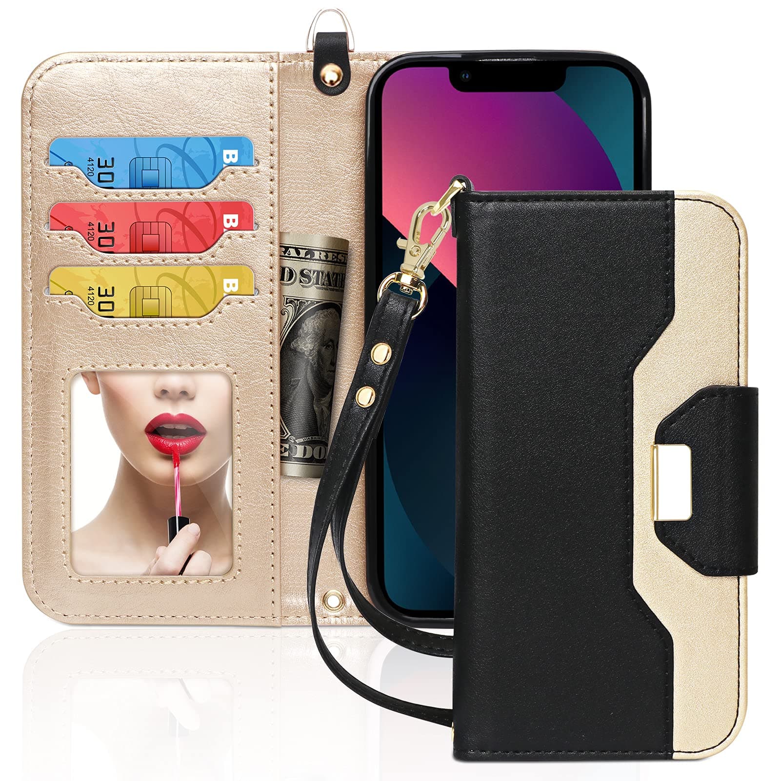 Toplive Wallet Case for iPhone 13 Case,[Makeup Mirror] PU Leather Wallet Case with Card Holder Kickstand Wrist Strap Flip Cover for iPhone 13 6.1 Inch 2021,Black