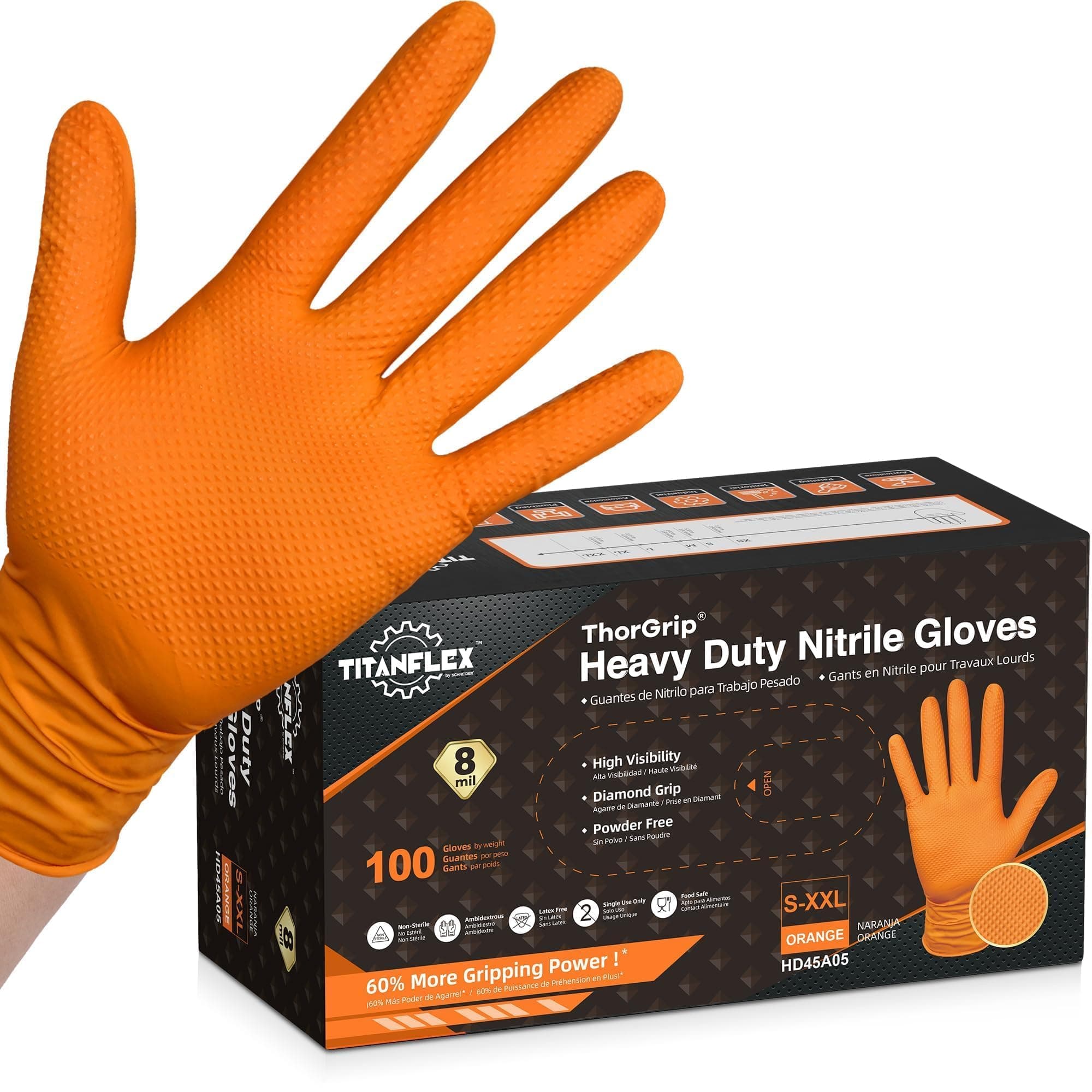 TitanFlex Heavy Duty Orange Industrial Nitrile Gloves with Raised Diamond Texture, Latex Free (6mil/8mil)