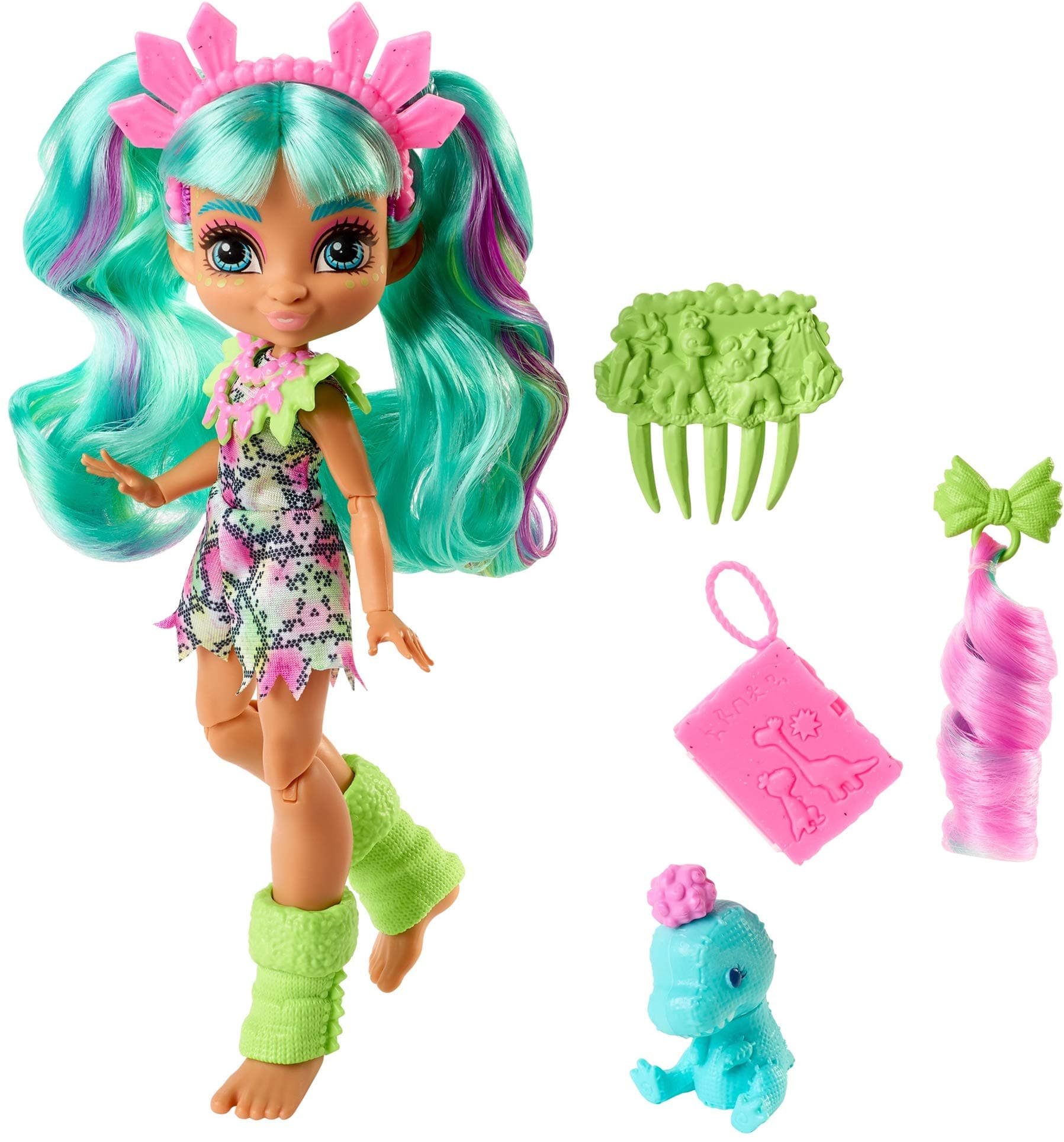 Cave Club Rockelle Doll (8 10-inch, Teal Hair) Poseable Prehistoric Fashion Doll with Dinosaur Pet and Accessories, Gift for 4 Year Olds and Up
