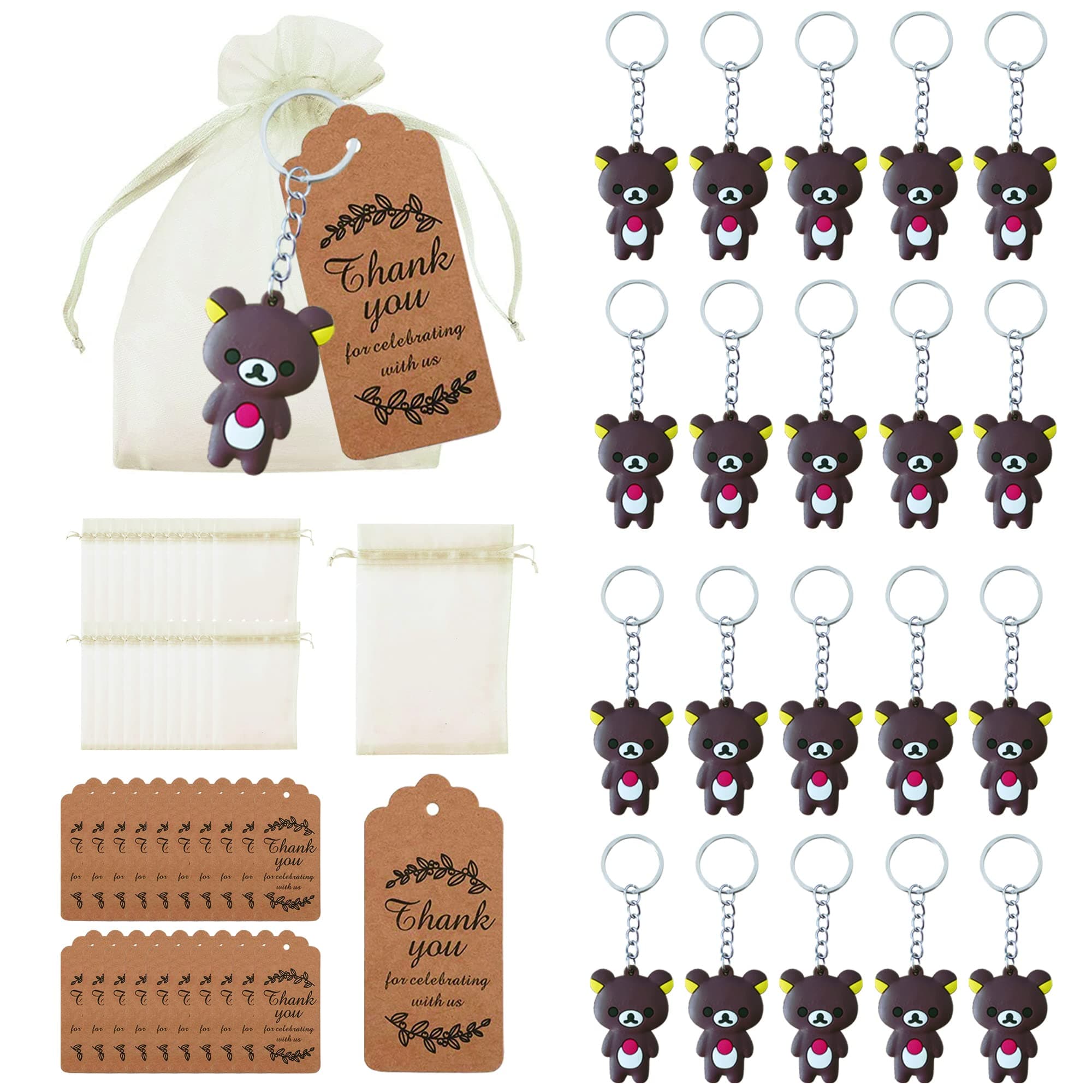 20Pack Baby Shower Return Favors Bear Keychains Organza Bags Thank You Kraft Tags for Return Favors Party School Reward Birthday Party Supplies