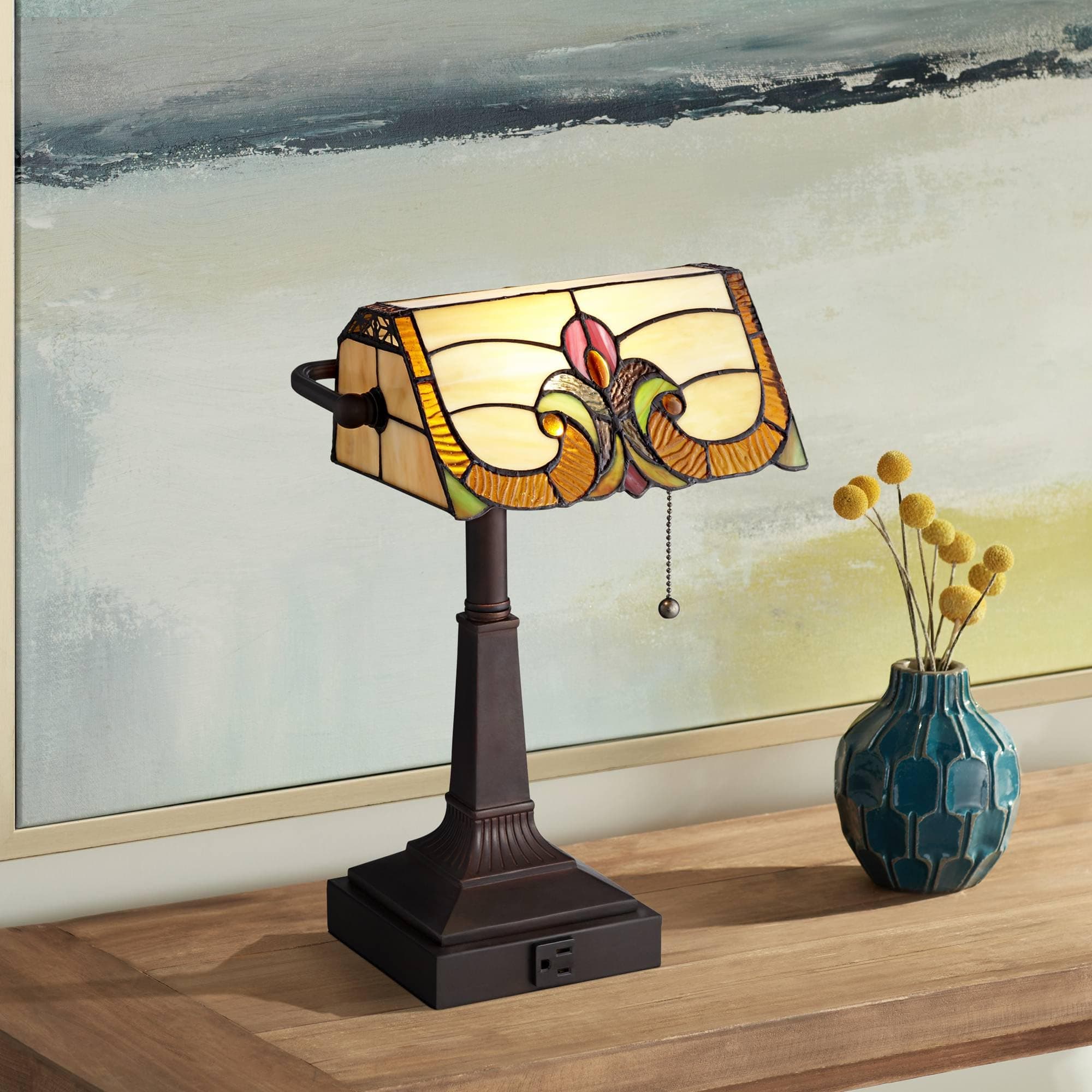 Robert Louis Tiffany Fleura Traditional Tiffany Style Piano Banker Desk Table Lamp 17" High with AC Power Outlet Bronze Floral Art Glass Shade Cottage Core Decor for Bedroom House Bedside Nightstand