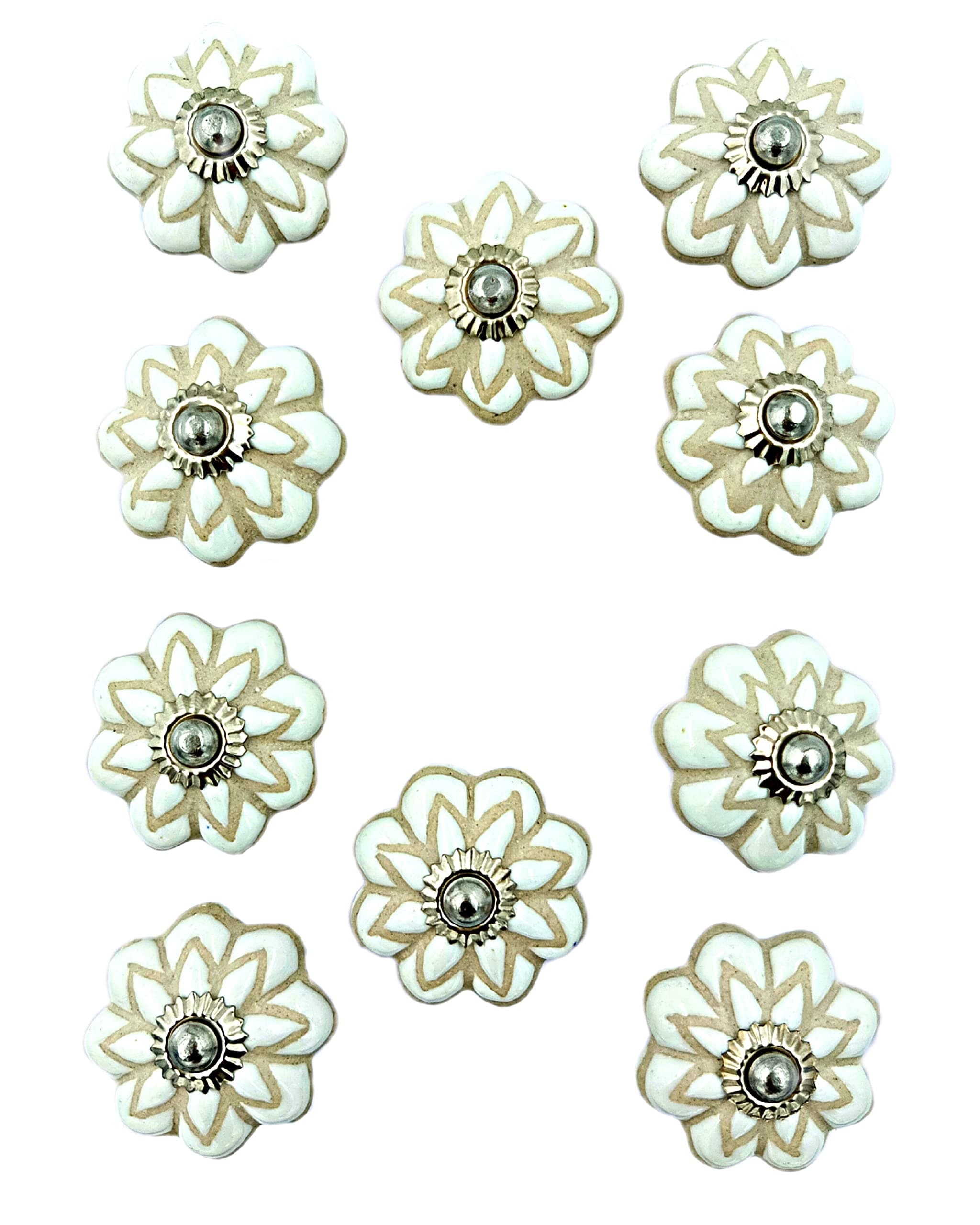 Craft Kart Vintage Hand Painted Ceramic Pull Knobs for Kitchen Cabinet Door and Drawer Wardrobe Cupboard Set of 10 White