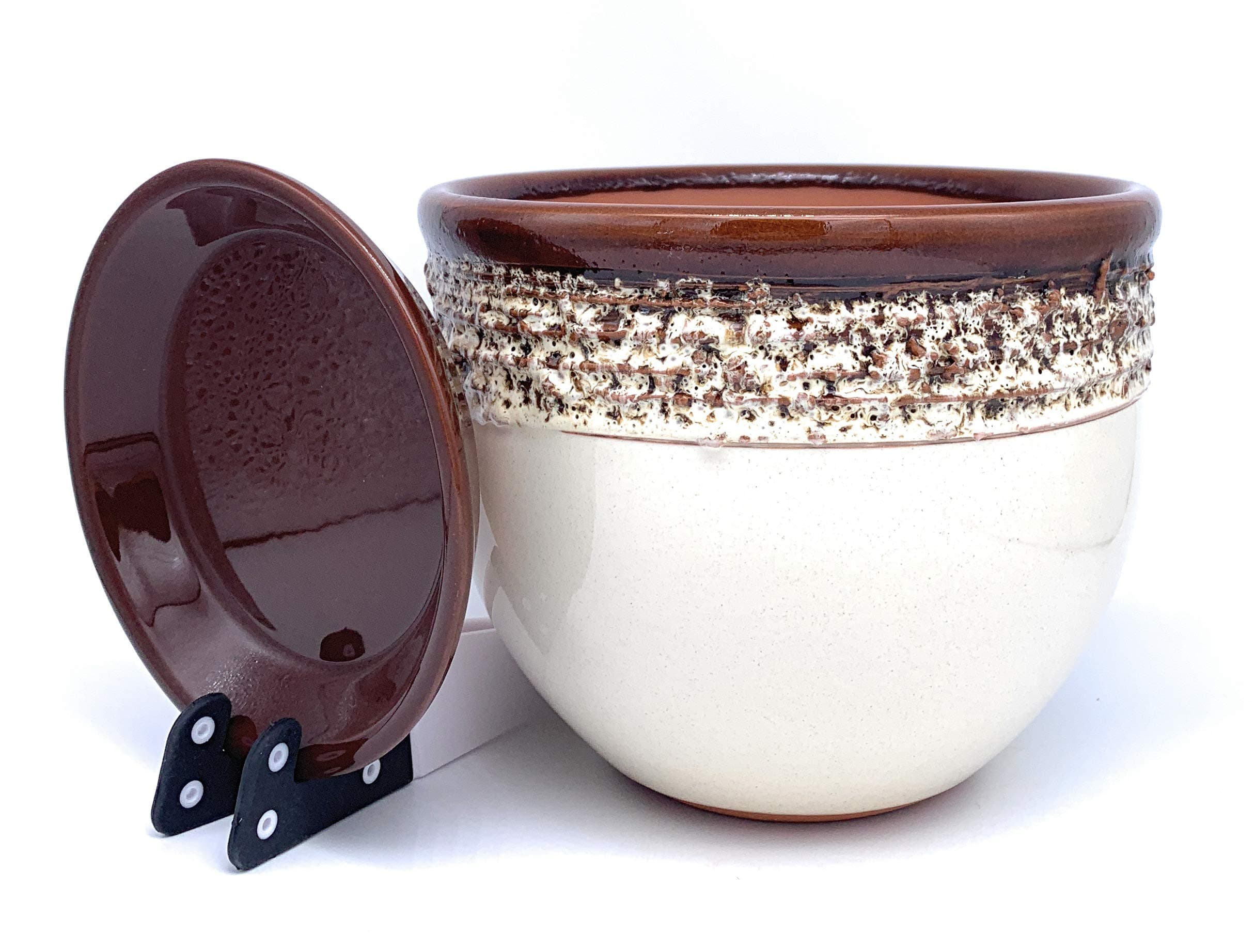 Sun Cakes Glazed Ceramic Plant Pot with Saucer Round Terracotta with Drip Tray Flower Pot Clay Coloured Flower Pot Antique Stripe (6.3" x 4.7", Ivory)