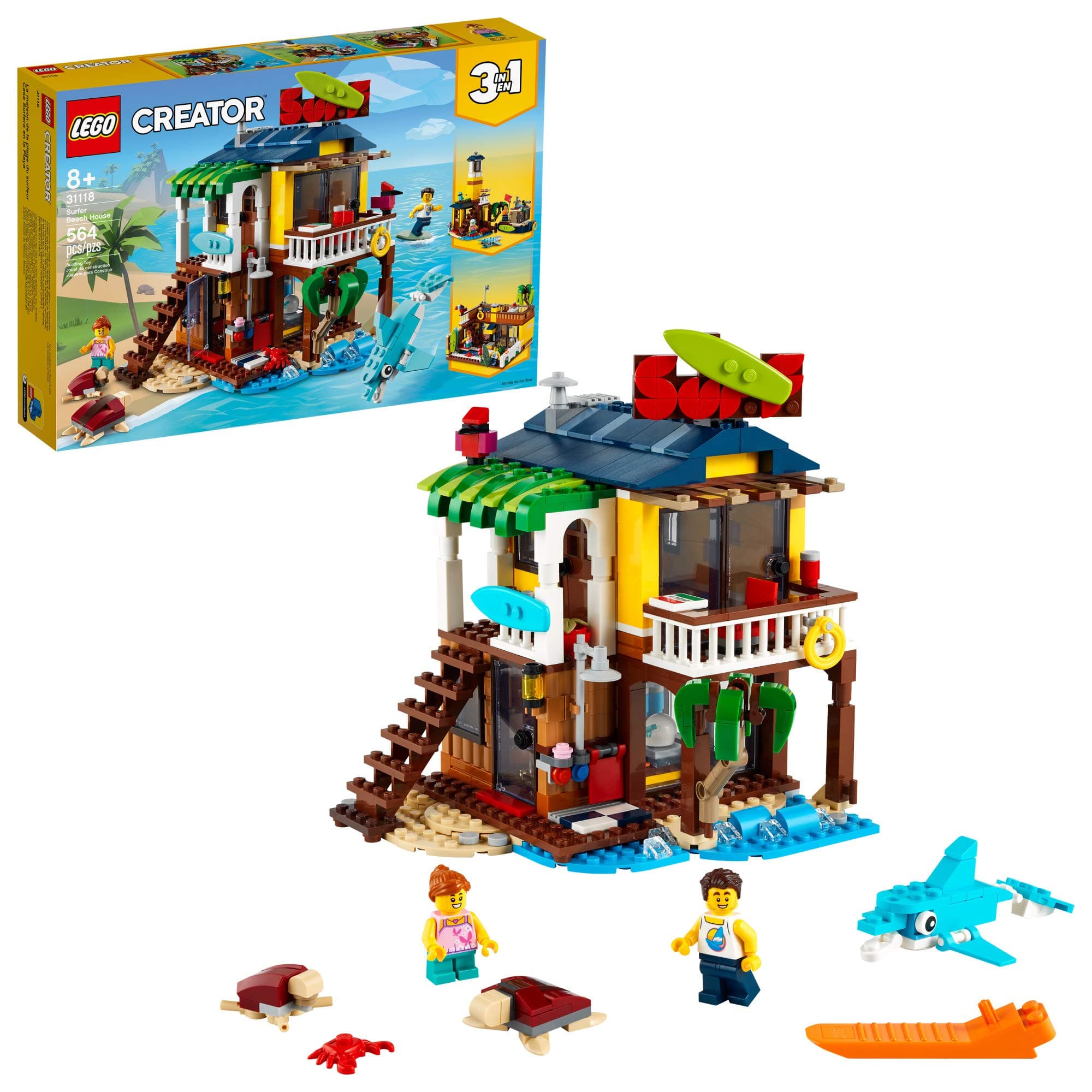 Creator 3 in 1 Surfer Beach House with 2 Minifigures and Dolphin Figure, Transforms from Surf Shack to Lighthouse to Pool House, Great Building Toy Set for Kids, Girls, and Boys Ages 8+, 31118