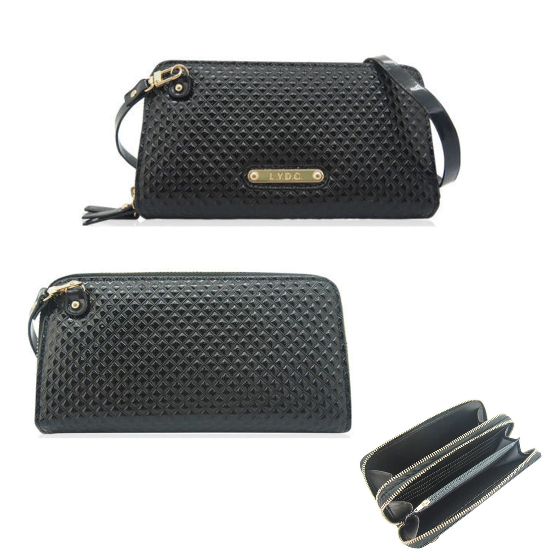 UKFS Collection LYDC Ladies Girls The Ive Holographic Diamond Cut Large Double Compartment PU Clutch/Purse/Wallet (Large, Ive - Black)