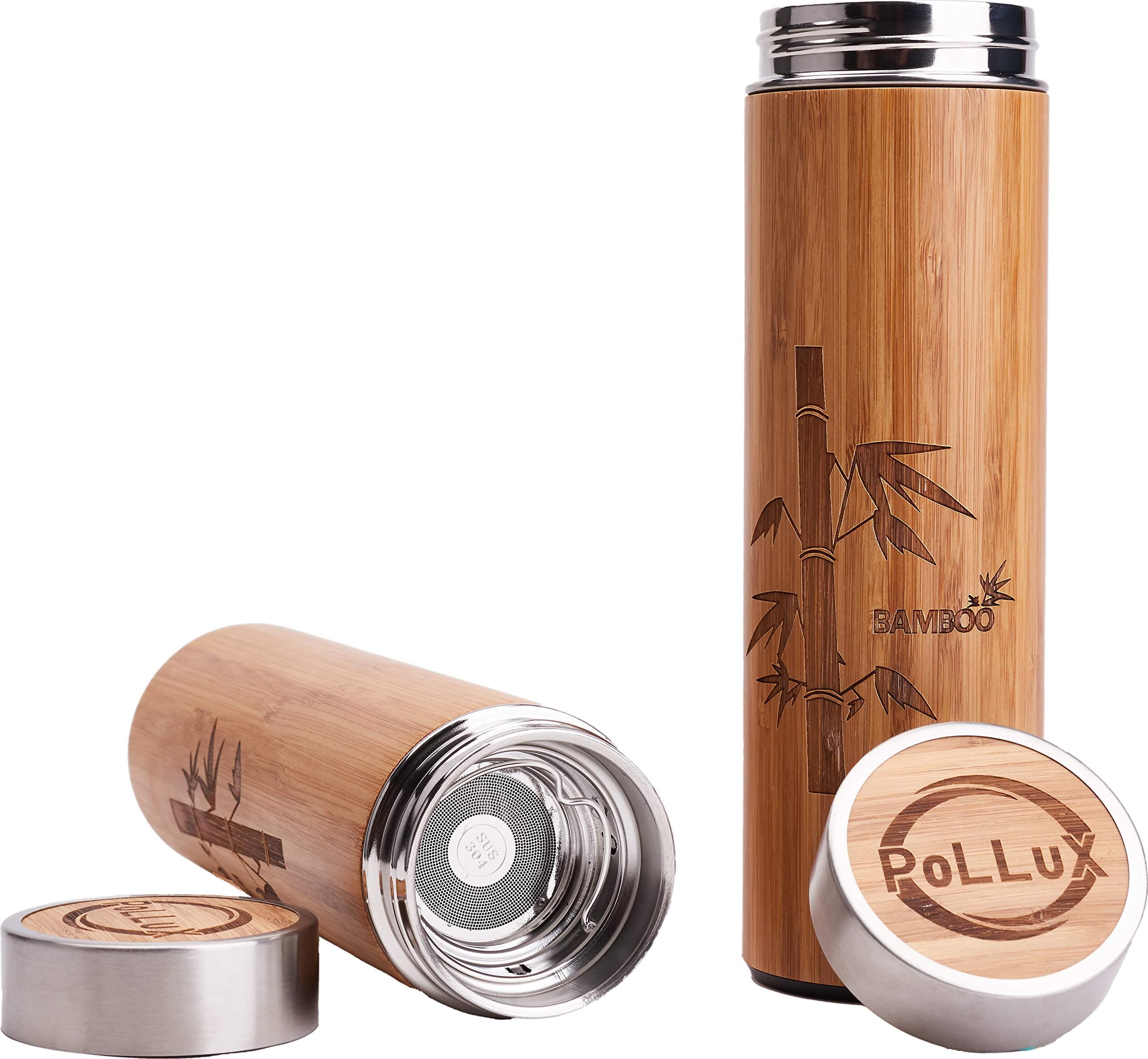 Bamboo Travel Coffee Mug Double Wall Eco Thermos for Hot and Cold Beverages, BPA Free, with Stainless Steel Infuser for Coffee or Tea & Fruit, (16oz)