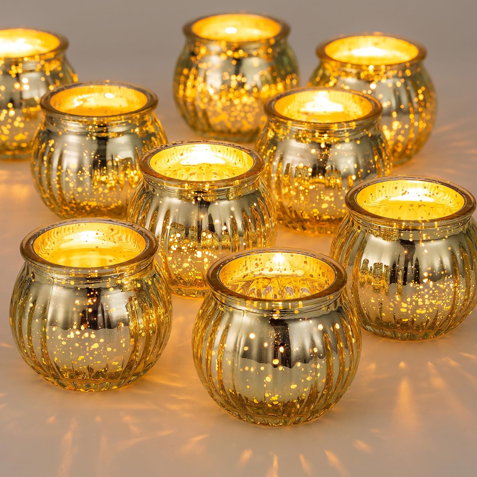 Glass Tealight Holder Gold - 12 Pieces Small Pumpkin Christmas Mercury Tea Light Holders Set Ribbed Votive Candles Wedding Party Living Room Table Centrepieces Halloween Ornament