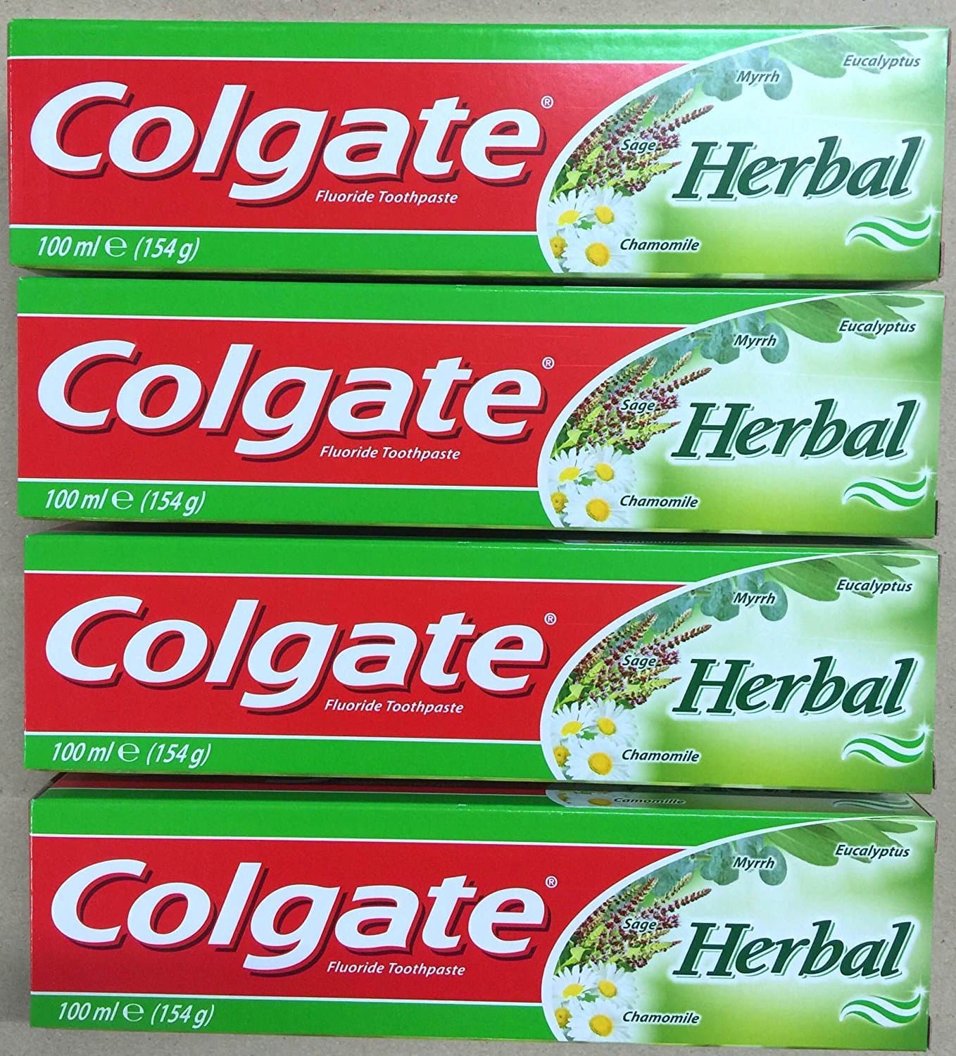 Colgate Palmolive Herbal Toothpaste - Multipack of 4 Pack Toothpaste With Eucalyptus, Myrrh, Camomile and Sage - Bulk Fluoride Tooth Paste Gel For Gum Disease - 100ml