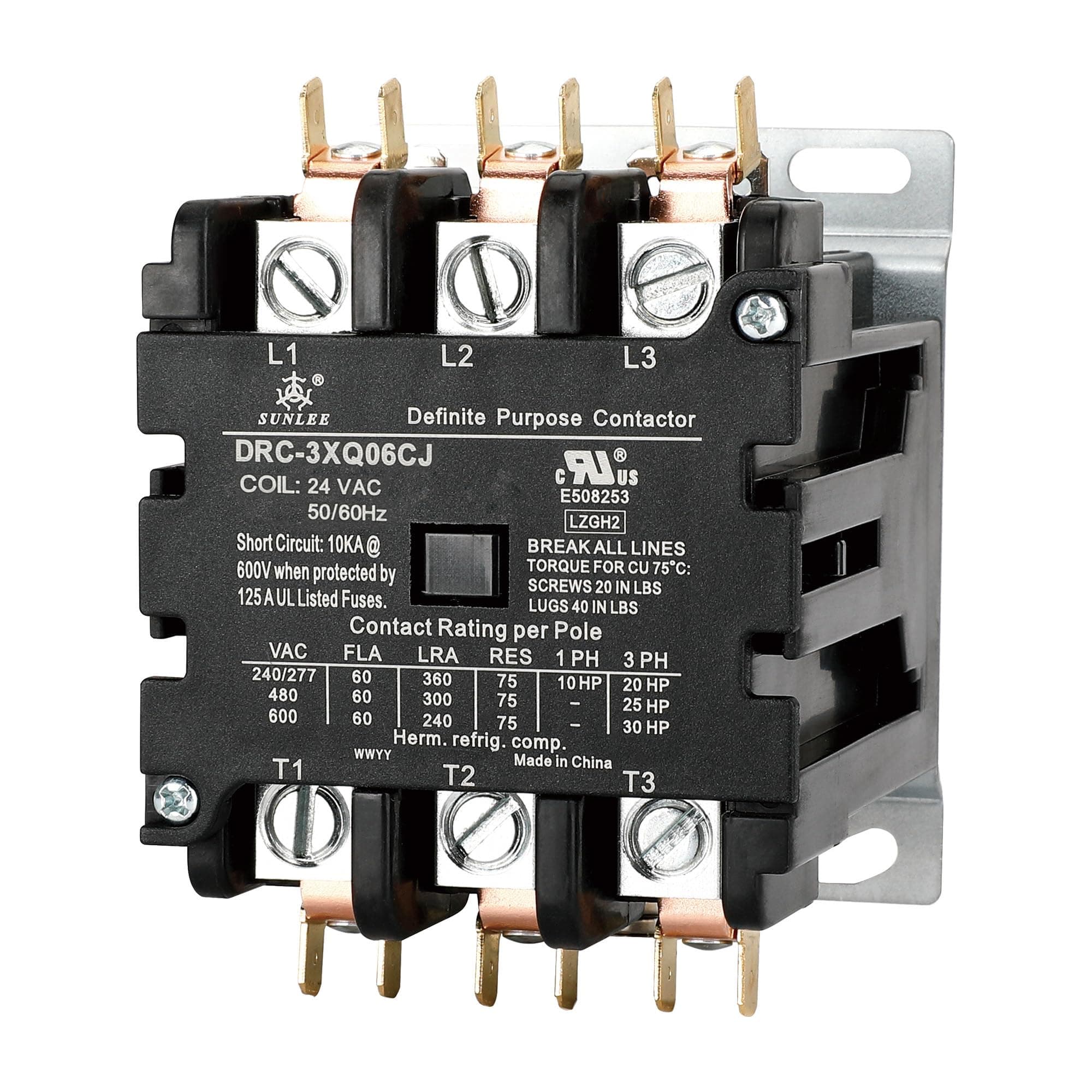 SUNLEE 60 Amp 3 pole Contactor 24v coil Definite Purpose Contactor A2L Compliant UL Recognized & Approved for UL 60335 HVAC Contactor 42EF35AJ equivalent NEMA