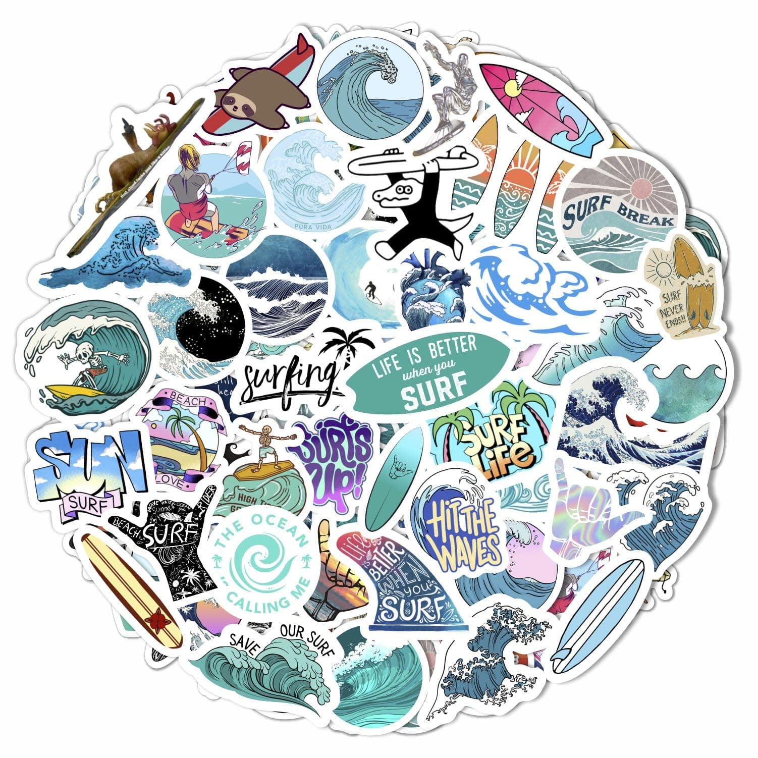 BulbaCraft Surf & Wave Stickers for Water Bottle and Laptop - Ocean Party Favors & Decorations, Waterproof Vinyl Beach Decals, Surfing and Wave Stickers Laptop Decals