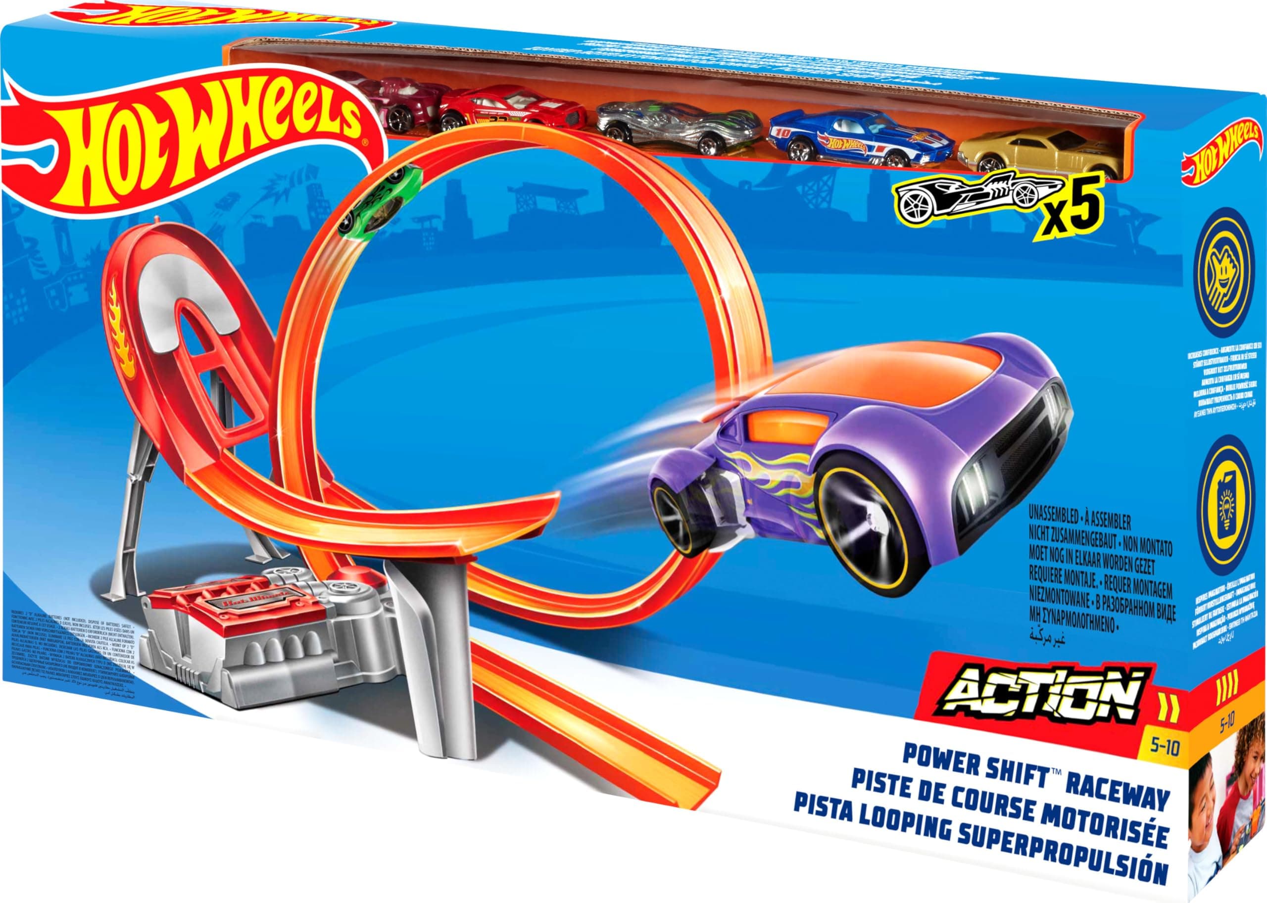 Hot Wheels Action Power Shift Motorized Raceway Track Set, Includes 5 Cars In 1:64 Scale