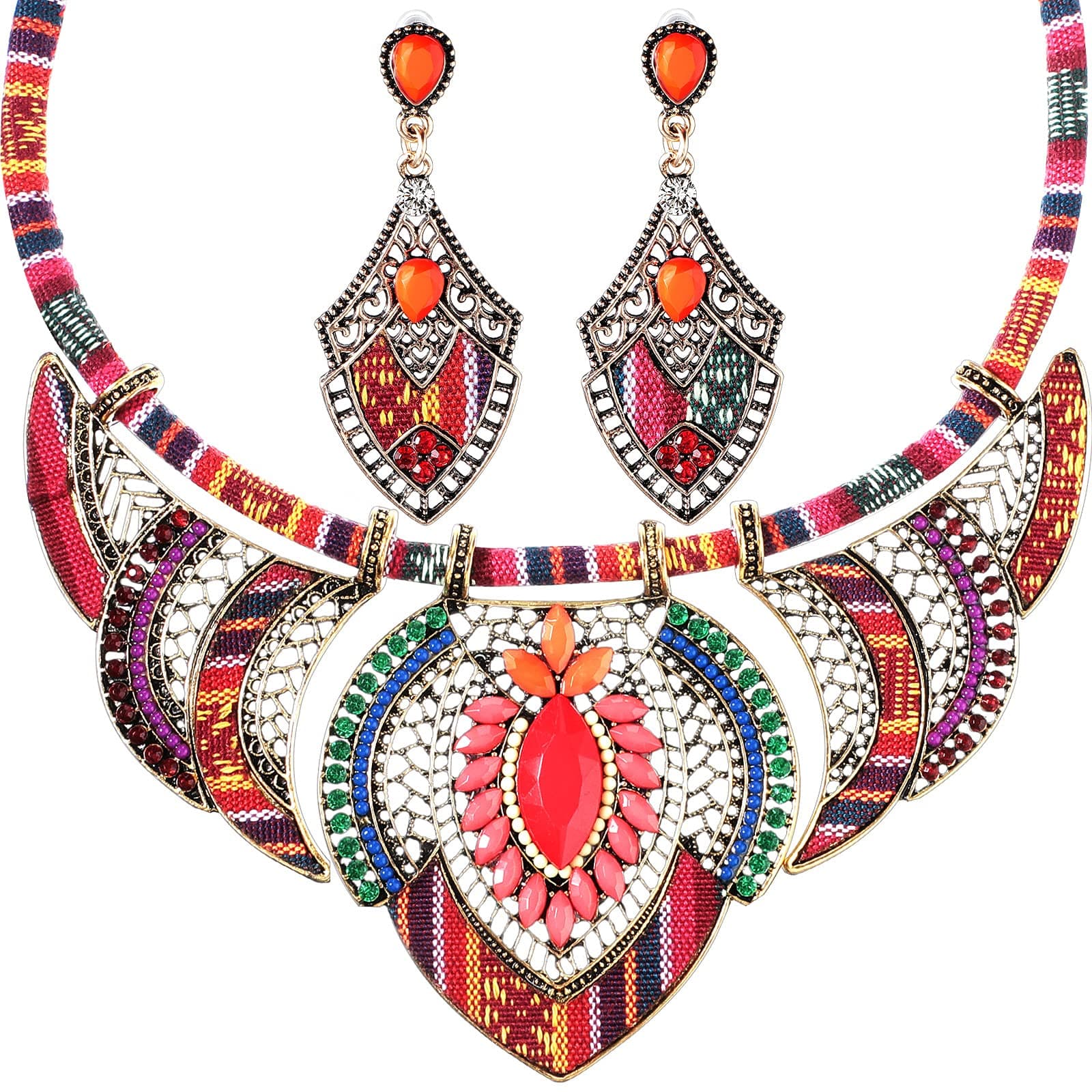 2 Pieces African Jewelry Sets for Women Colorful Necklace Earring Set Costume Jewelry Boho Vintage Statement Choker Ethnic Style Bohemian Chunky Collar African Beaded Necklaces Dangle Earrings