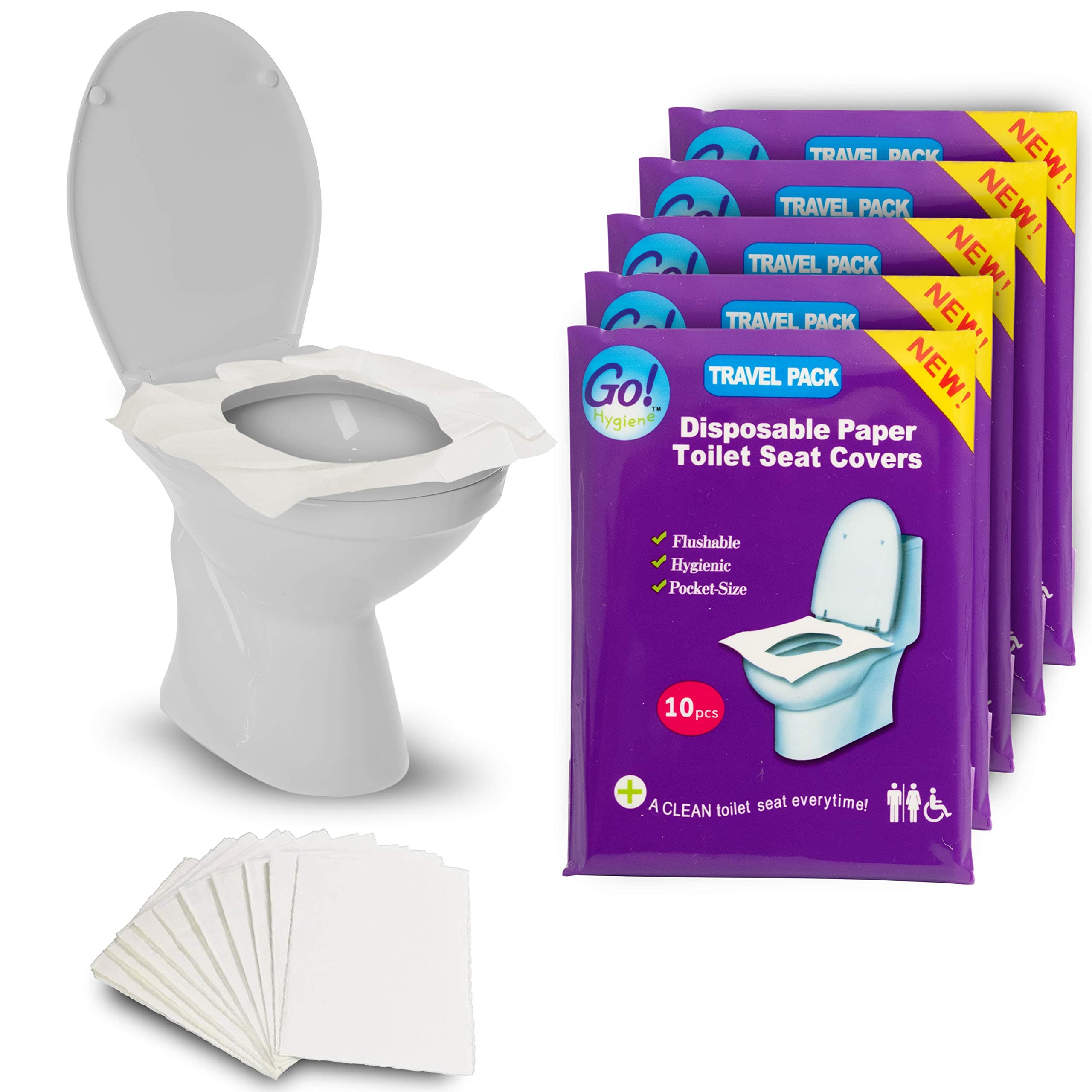 Flushable Paper Toilet Seat Covers, 5 Travel Packs (50 Covers), Each Pack contains 10 Paper Seat Covers, Hygienic, Disposable, Pocket Size, Use in Public Toilets