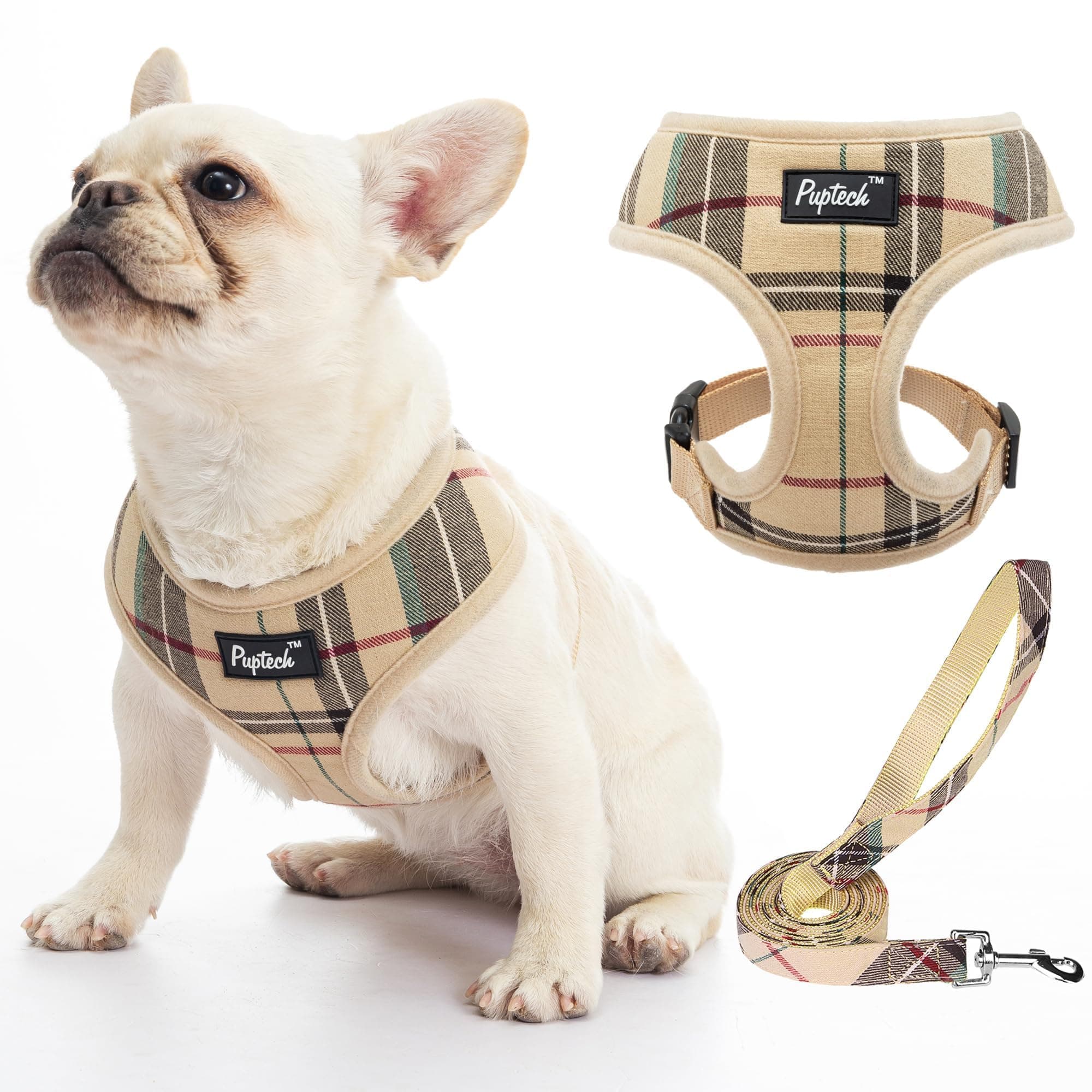 Pupteck Soft Mesh Dog Harness Sized and Leash Set Pet Puppy Cat Comfort Padded Vest No Pull Harnesses, Beige, Medium