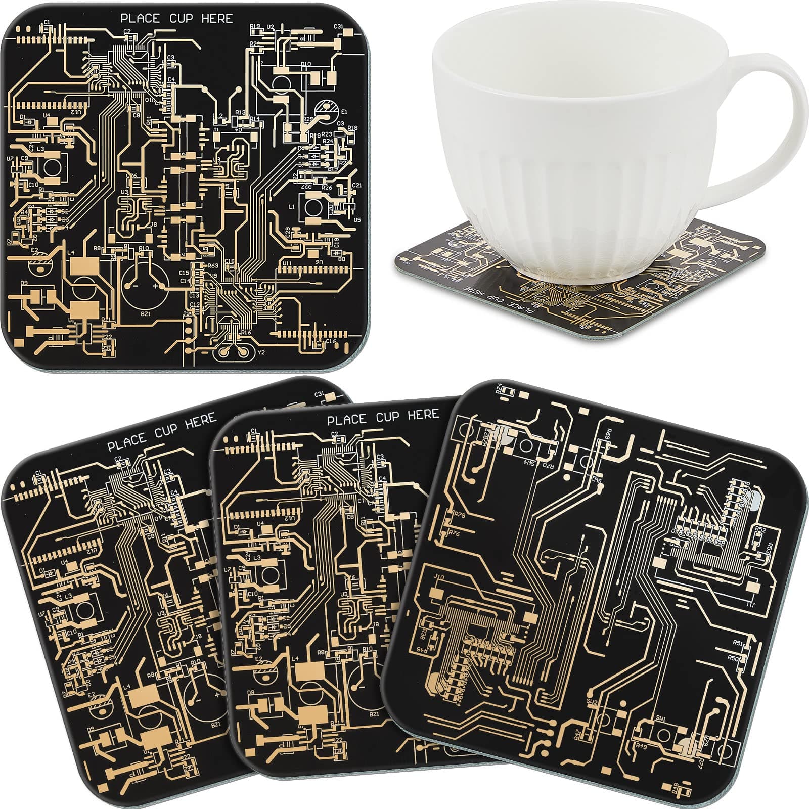 4 Pcs Circuit Board Coasters for Drinks PCB Coasters Immersion Gold Circuit Board PCB Design Engineer It Gift for Party Bar Office Geek Nerd Engineer Dad Gift Men(Classic Style,Black)