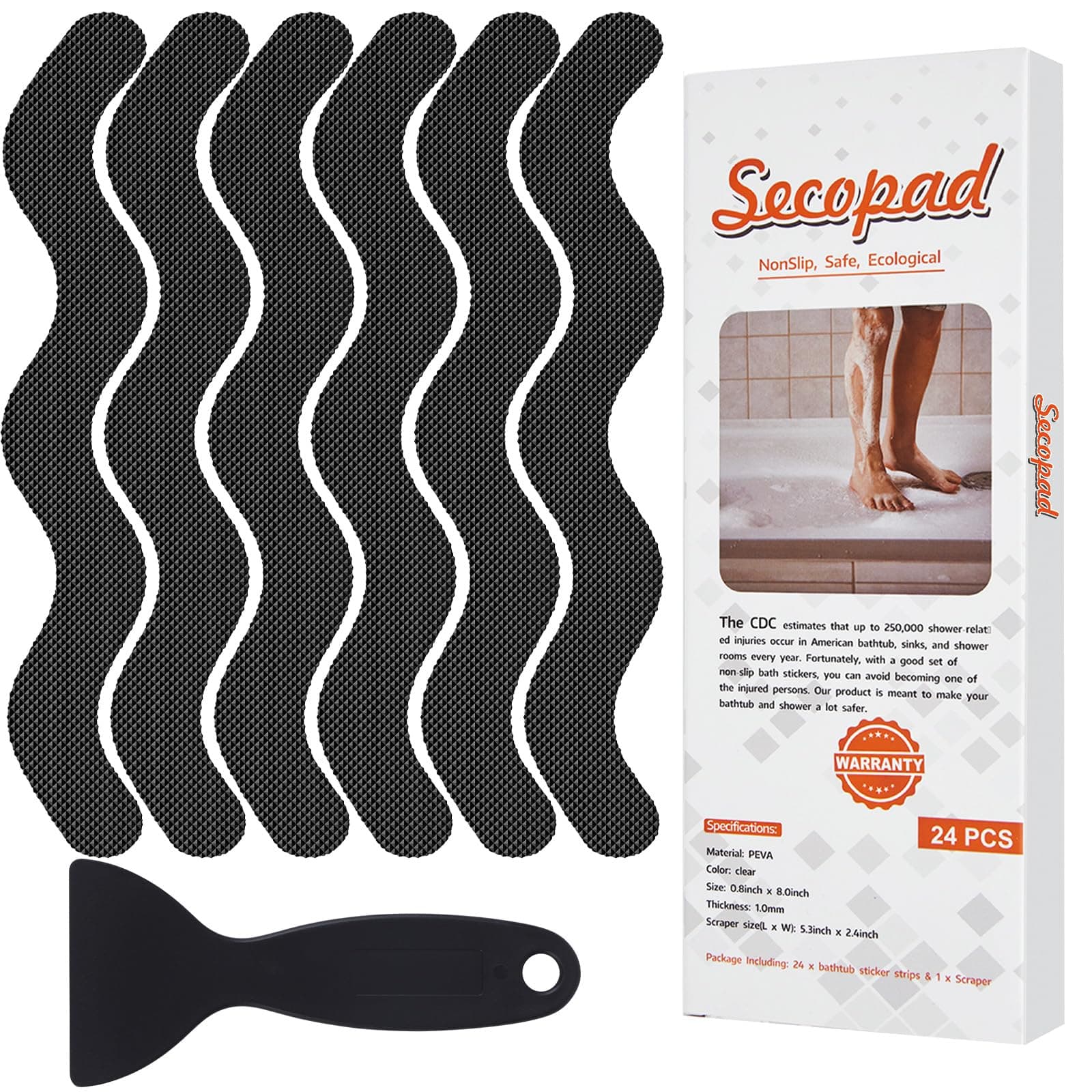 Secopad Anti-Slip Stickers Pack of 24 Safety Strips for Bathtub, Adhesive Stickers with Premium Scraper for Bathtub, Shower, Stairs (Black)