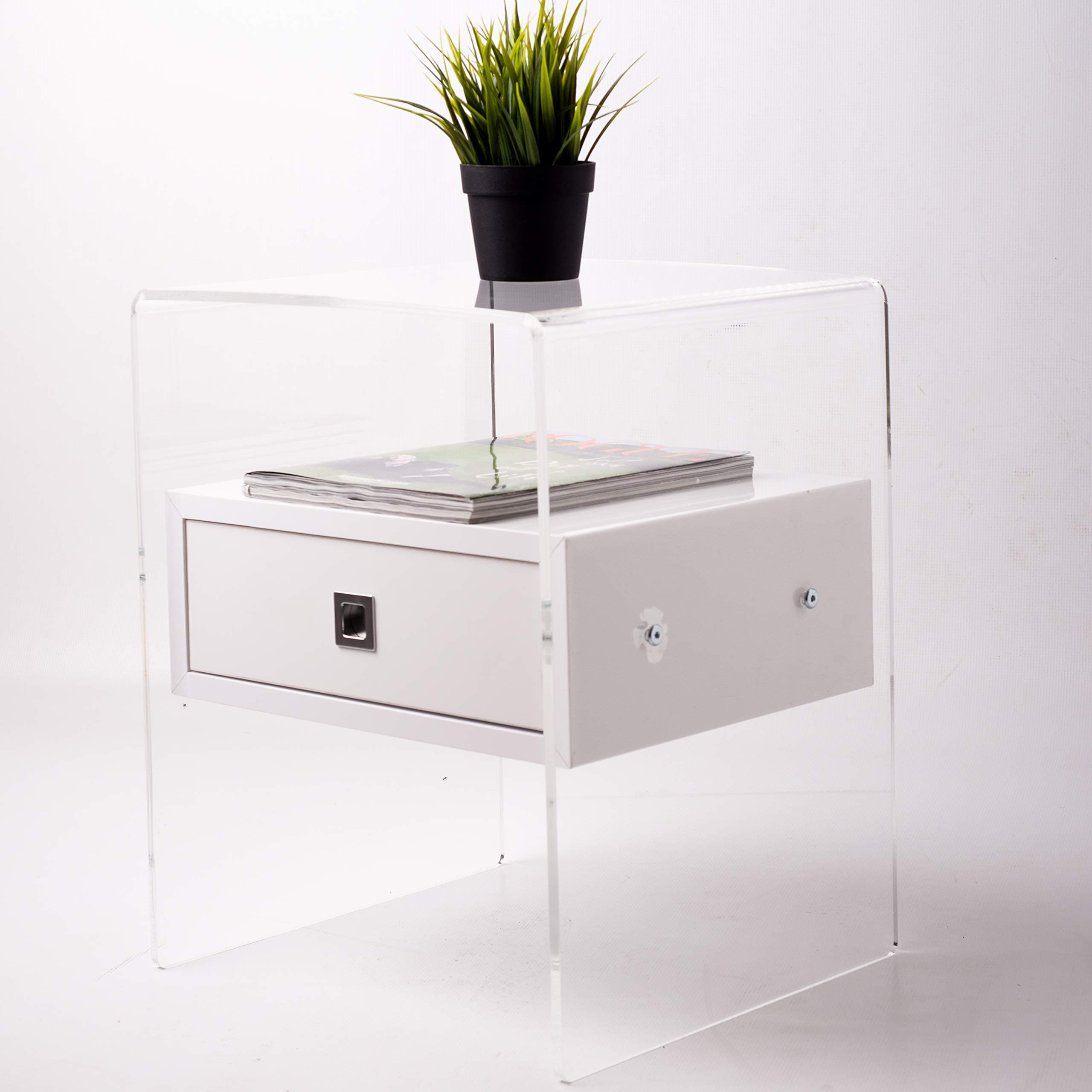 Fimel Bedside Table in Plexiglass|8 mm Thickness|Ideal for Bedroom|Bedroom | Bathroom | Plexiglass Table | White Drawer