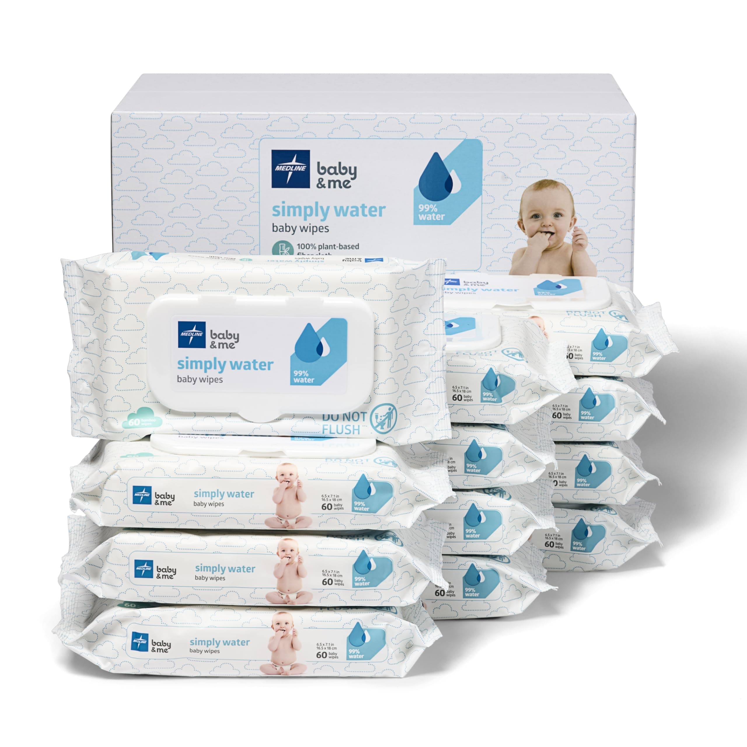 Simply Water Baby Wipes, 99% Water Solution Wipes, 100% Plant-Based Bamboo Fiber Cloth, 60 Count (Pack of 12)