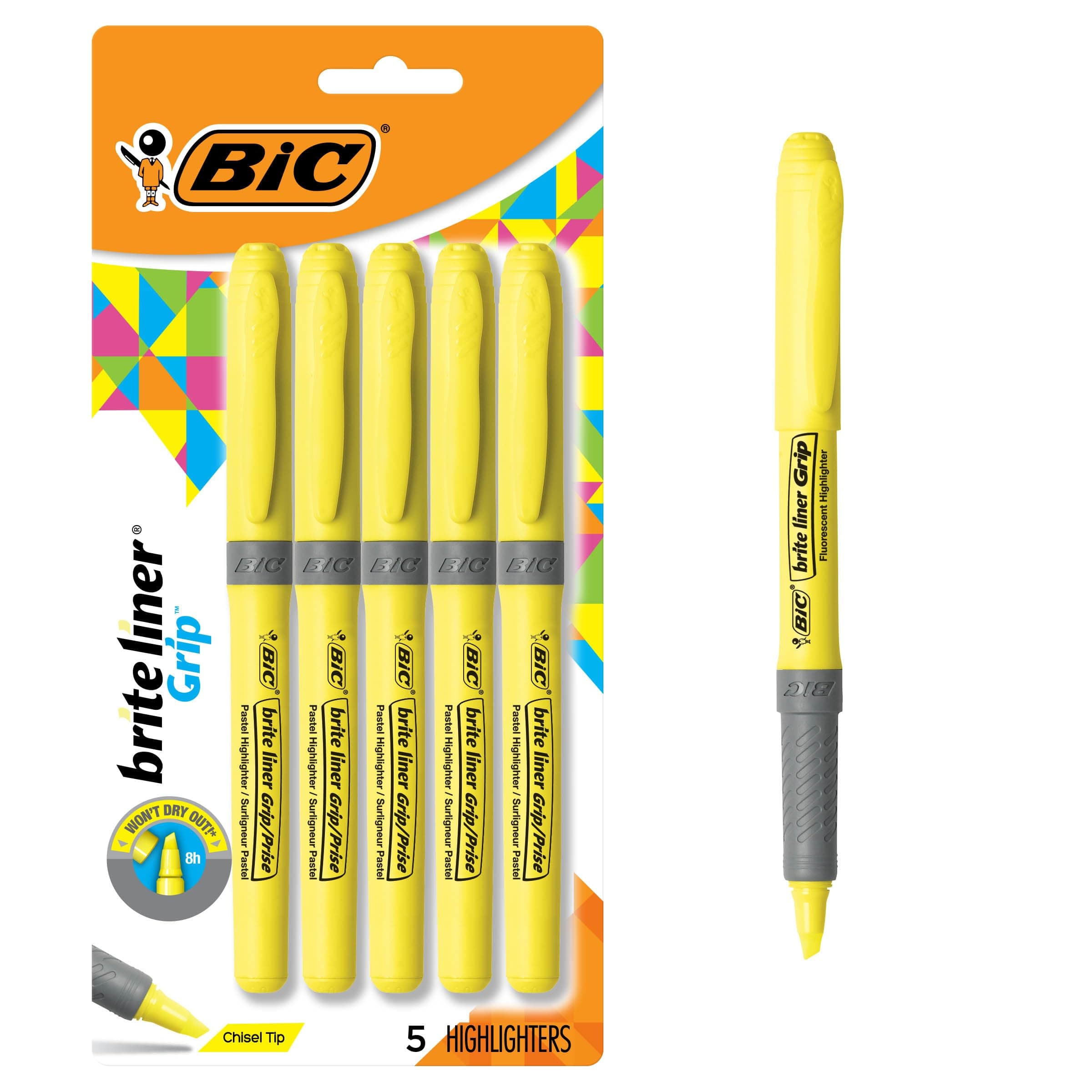 BIC Brite Liner Grip Highlighters, Chisel Tip, 5-Count Pack of Highlighters, Yellow, Ideal Highlighter Set for Organizing and Coloring
