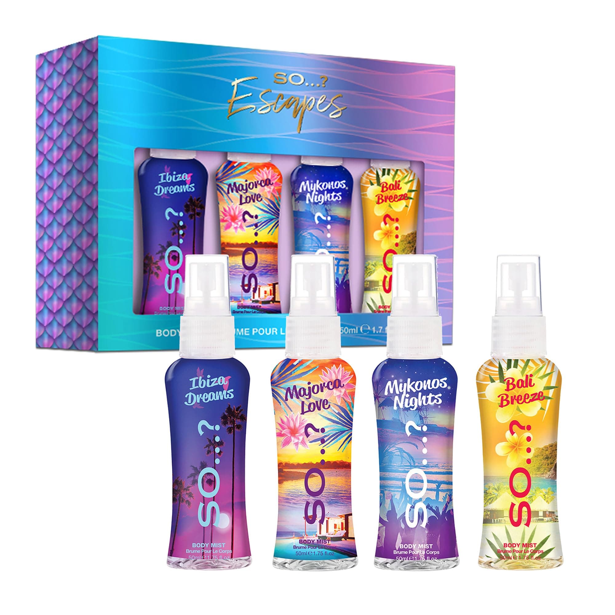 Escapes Womens Gift Set, with Ibiza Dream, Bali Breeze, Mykonos Nights & Majorca Love, Fragrance Spray Set (4 x 50ml)