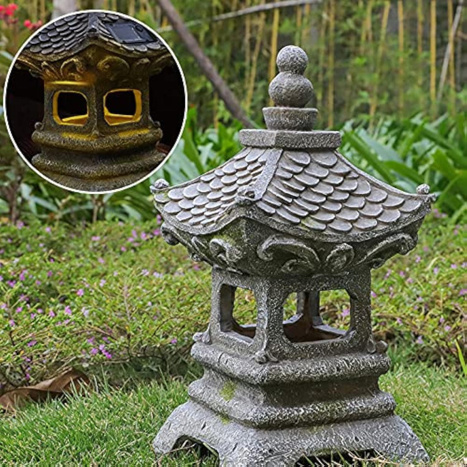 Asian Solar Zen Pagoda Garden Statue 14 Inch, Outdoor Japanese Lamp Lantern for Home Garden Landscape Décor (14 inch Pagoda)