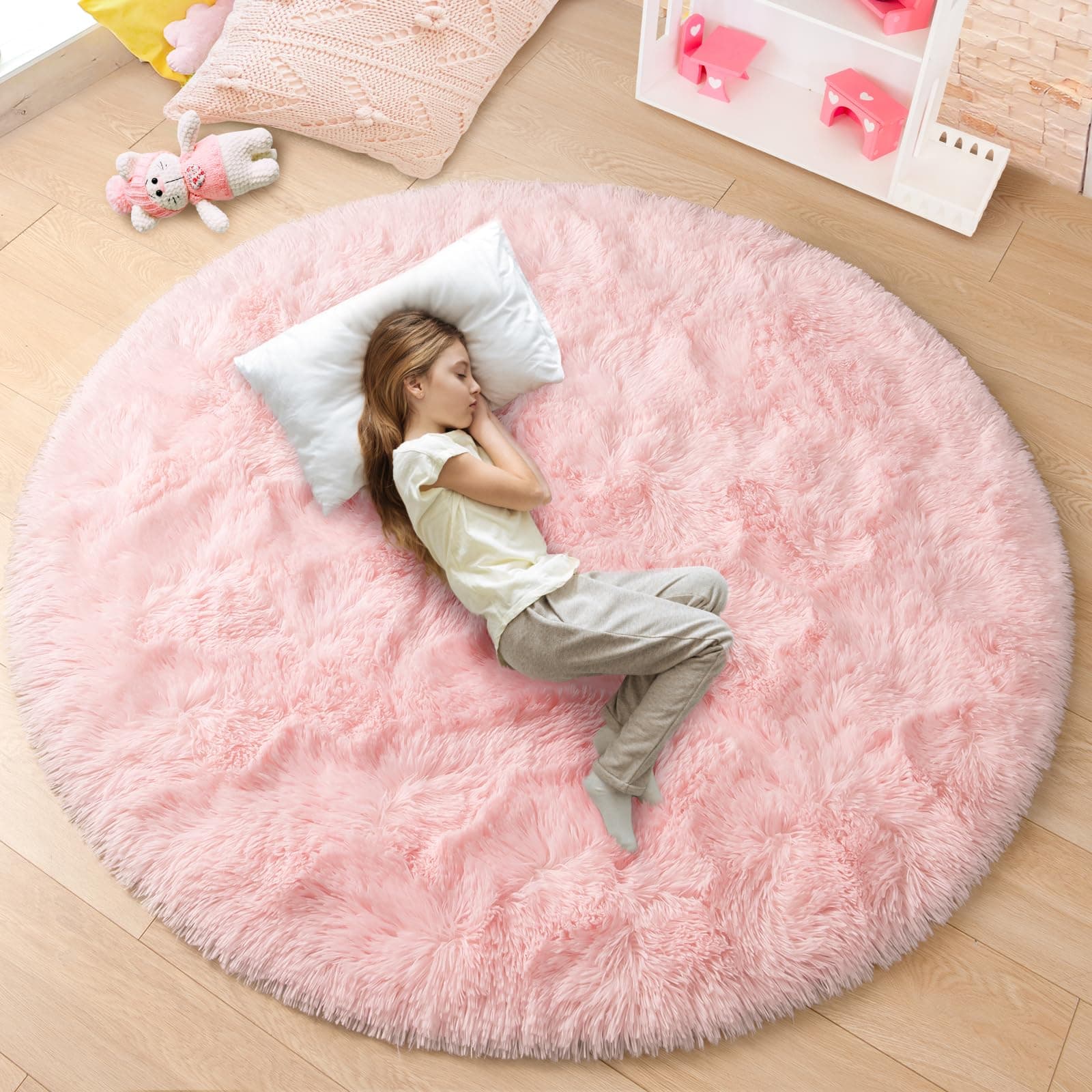 junovo Round Rug 5x5 Feet Fluffy Soft Area Rugs for Kids Girls Room Princess Castle Plush Shaggy Carpet Cute Circle Nursery Rug for Kids Girls Bedroom Baby Room Home Decor Circular Carpet,Pink