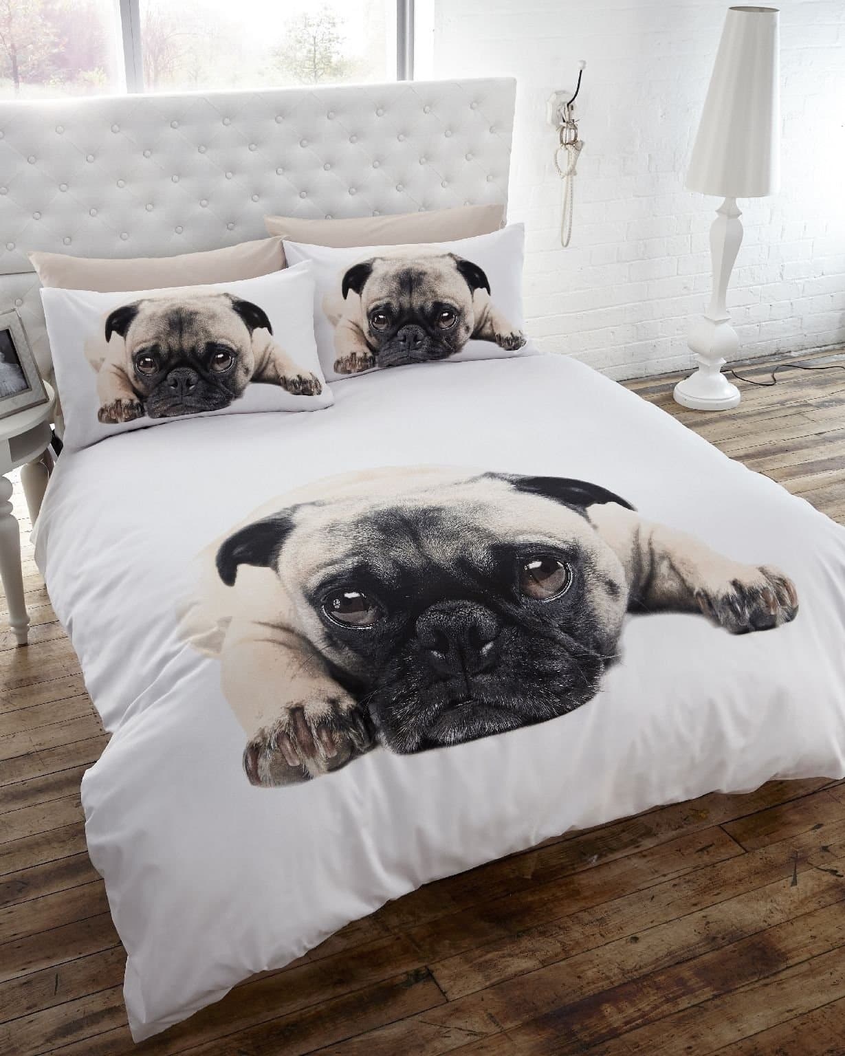 Pug Dog Quilt Duvet Cover and Pillowcases Set, White, Double Bed Size, Pooch, Puppy, Polyester-Cotton