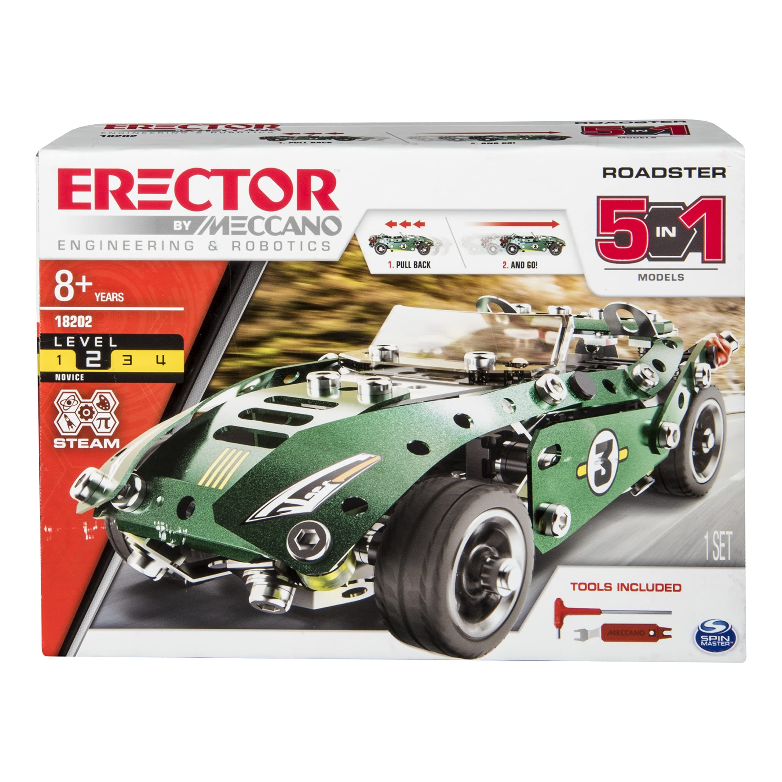 MECCANO Erector Roadster 5-in-1 Building Kit, 174 Parts, STEM Engineering Education Toy for Ages 8 and Up