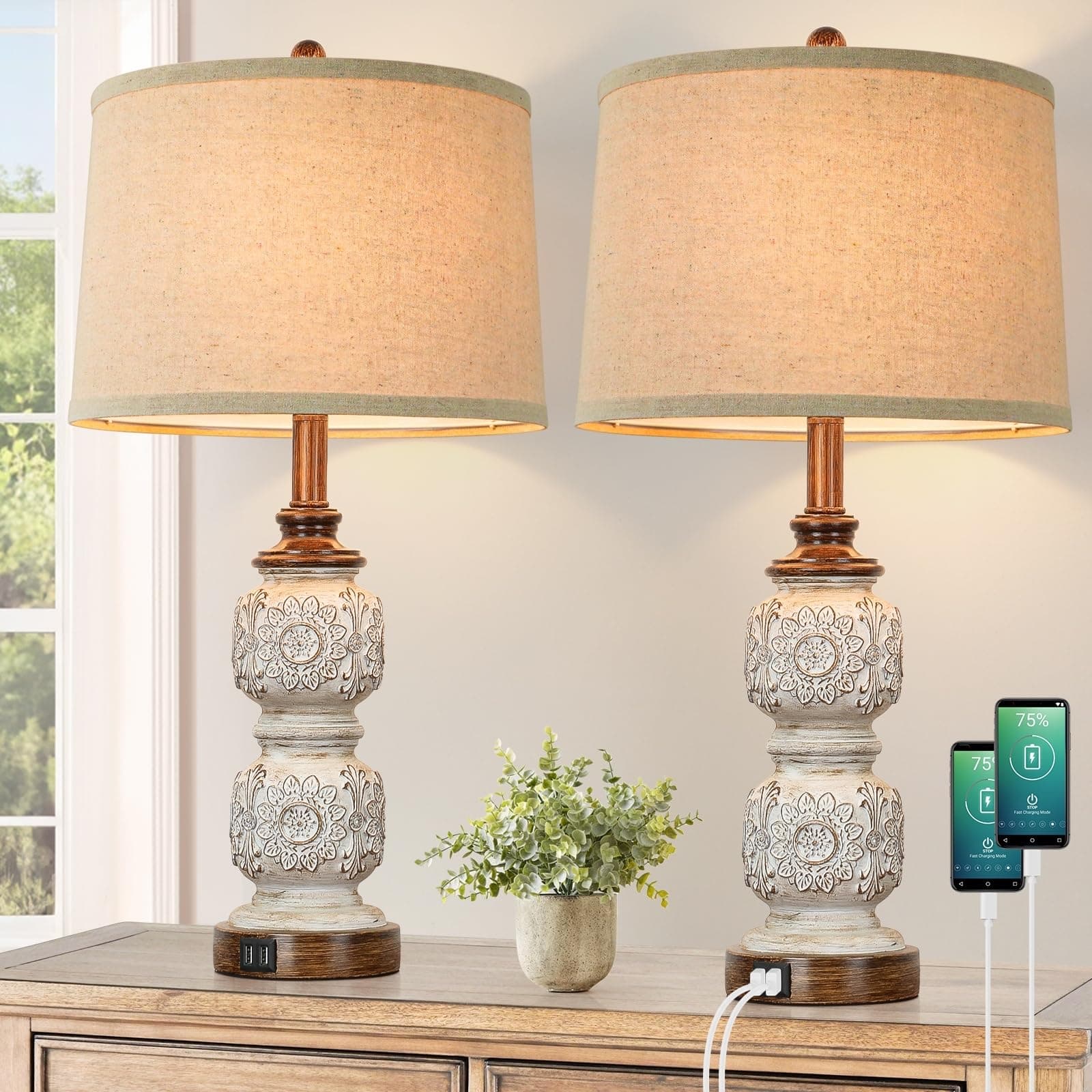 VerRon Set of 2 Farmhouse Table Lamps with USB Ports Brown