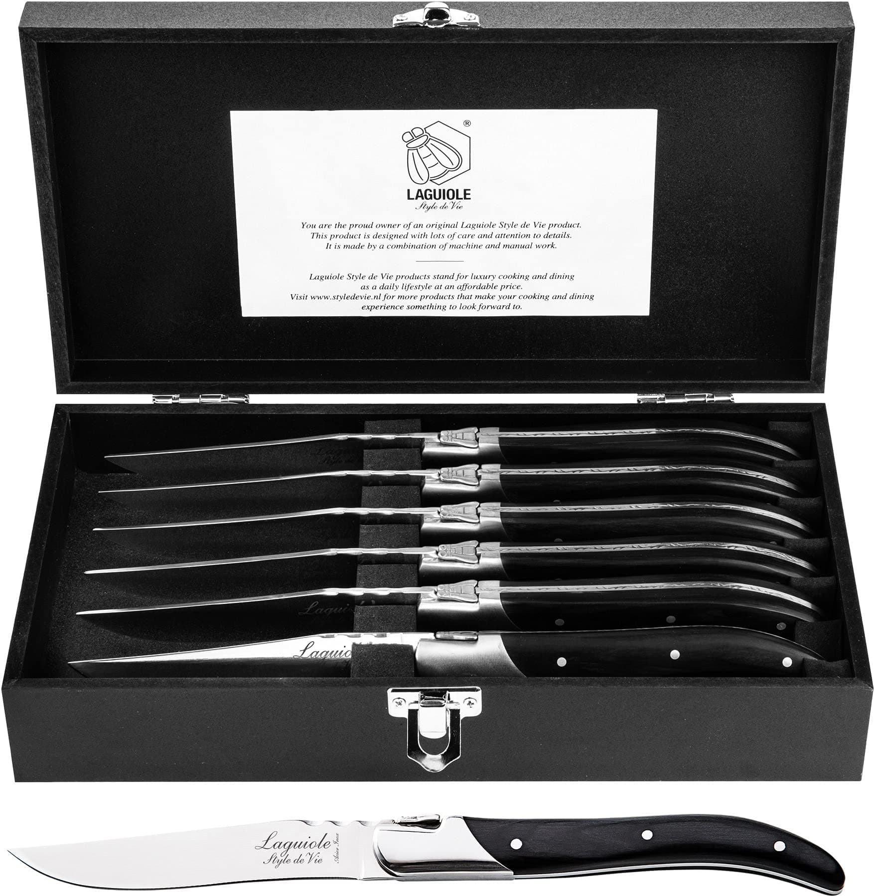 Steak Knives, Luxury Line, 6 pieces, Ebony wood, in giftbox