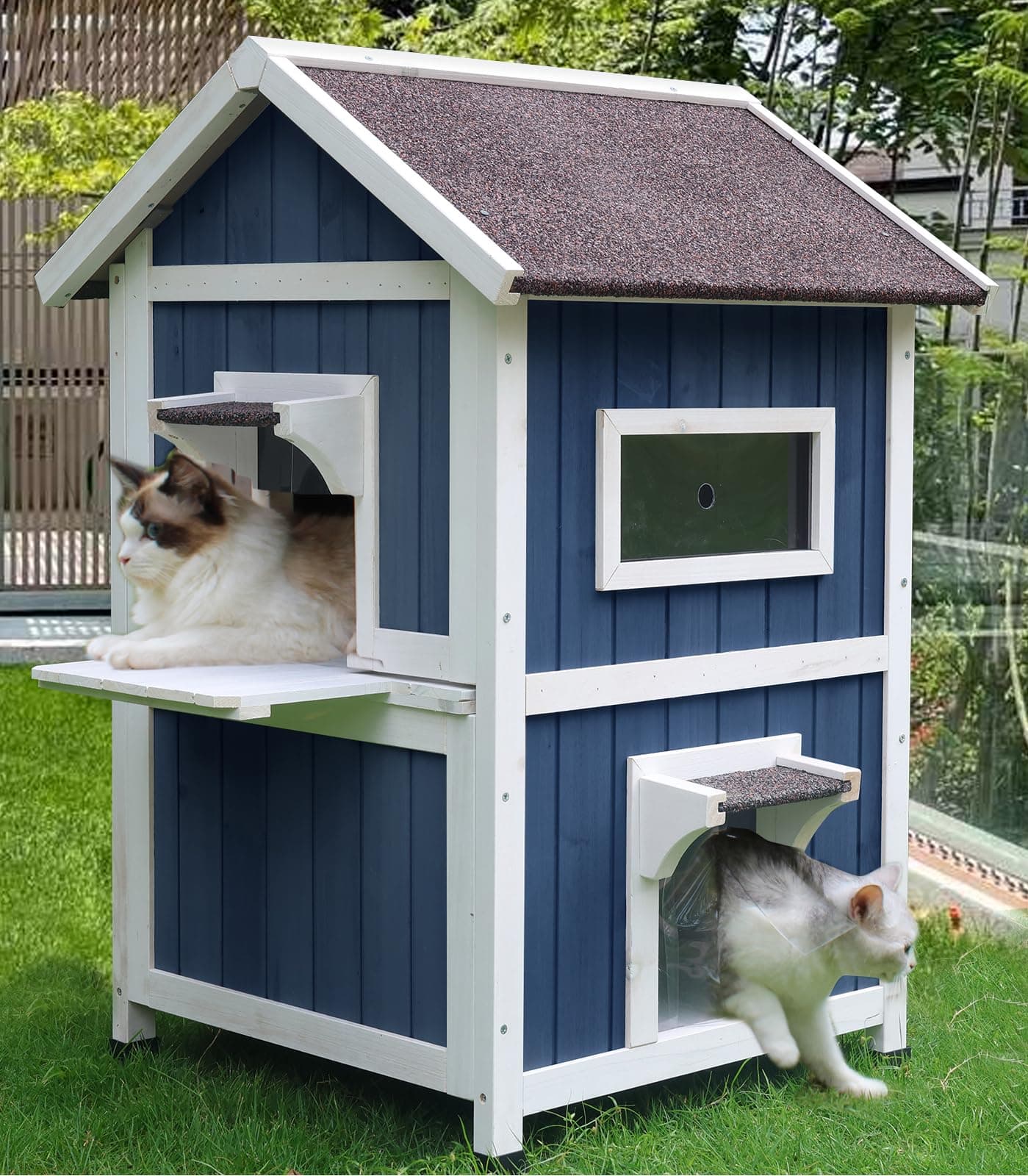Rockever Outdoor Cat House, 2 Story Outdoor Houses for Feral Cats Wooden Outside Cat Shelter Weatherproof with Escape Door