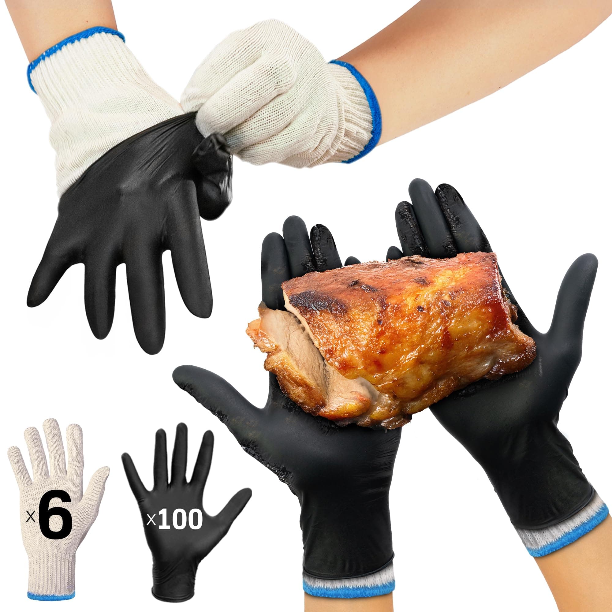 Raxwell BBQ Gloves - Dual-Layer Heat Defense & Heat Gloves for Cooking - Non-Slip Nitrile Handling for Grilling Accessories - Ambidextrous Oven Mitts with Fingers - Large, Black, 6 Cotton Liners