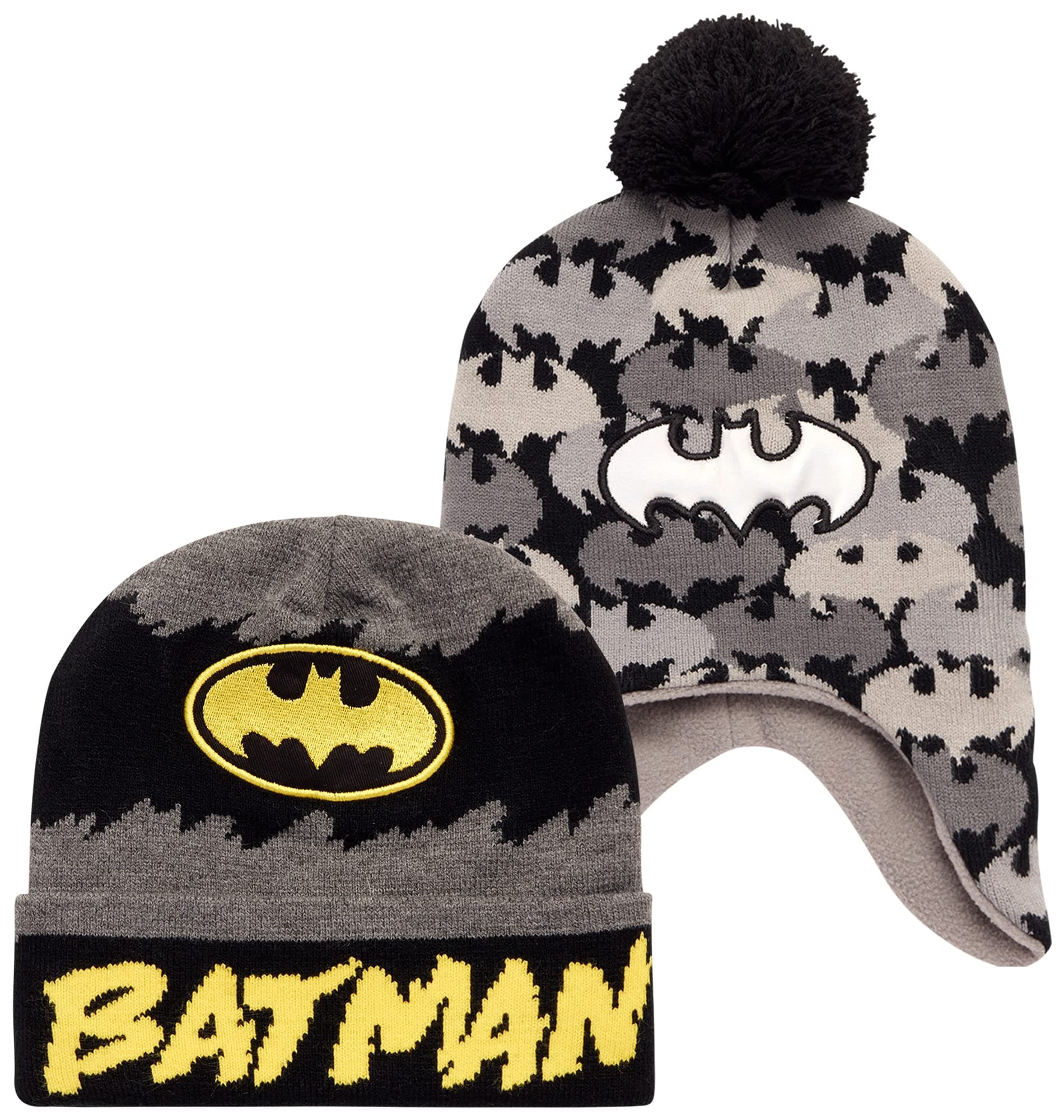 Boys' Batman Winter Hat - 2 Pack Superhero Pom Pom Beanie with Ear Flaps, Batman, 4-7 Years