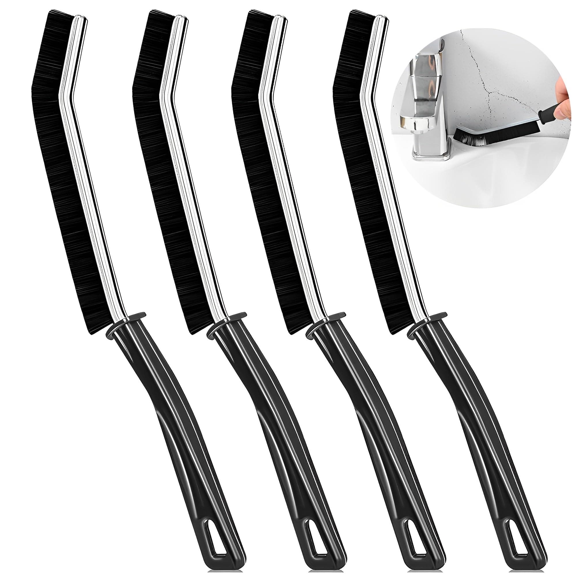 4pcs Multifunctional Crevice Brush Tool, Hard Bristle Cleaner Brush, Long Handle Narrow Crevice Cleaning Tool for Tiny Window Door Track Bathroom Home Kitchen Tile (Black)