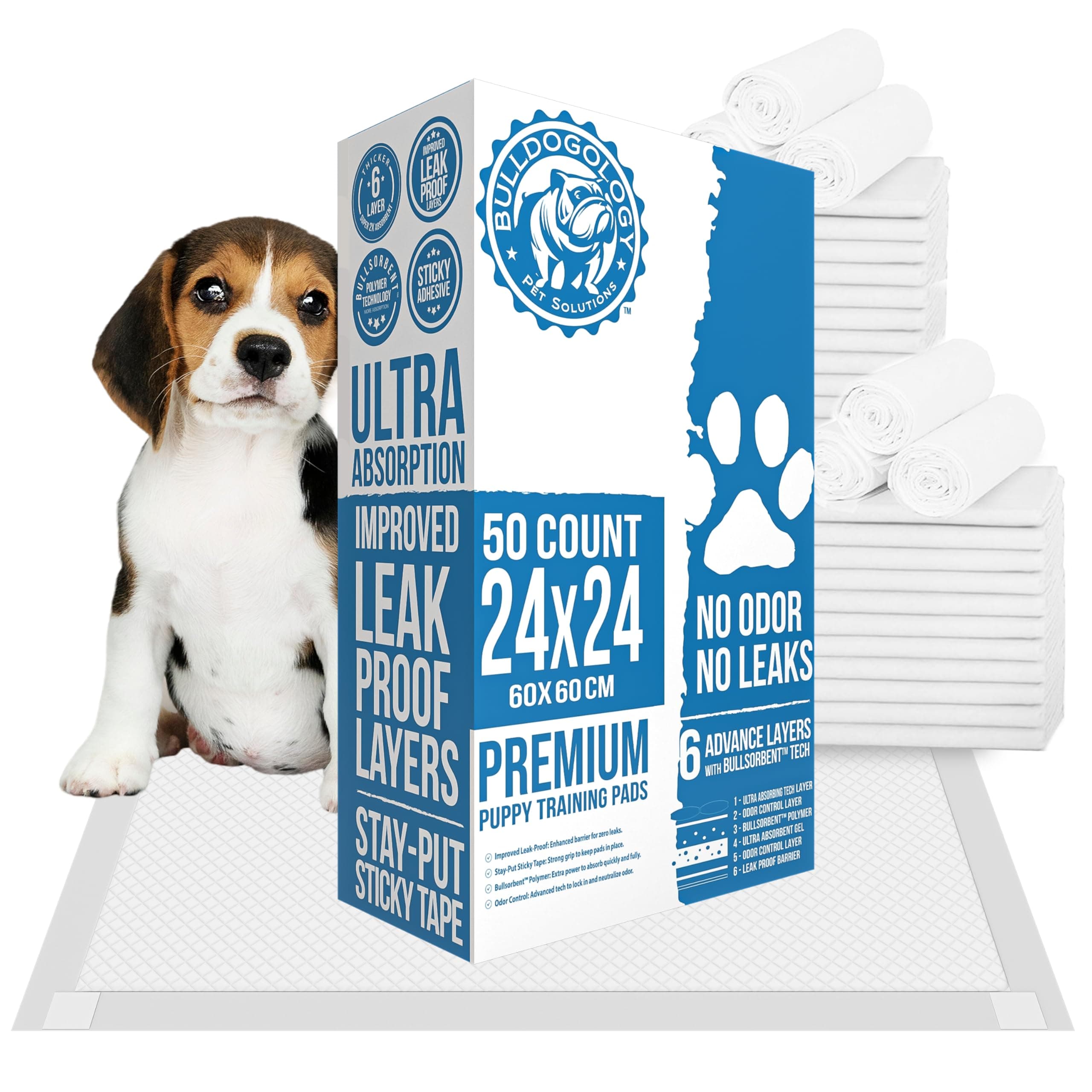 Bulldogology 50-Count Dog Puppy Pads (24x24) Large Pee Pads for Dogs - 6 Layer Pet Training Pads, Super Absorbent Puppy Pads with Adhesive Tabs for Small to Large Dogs