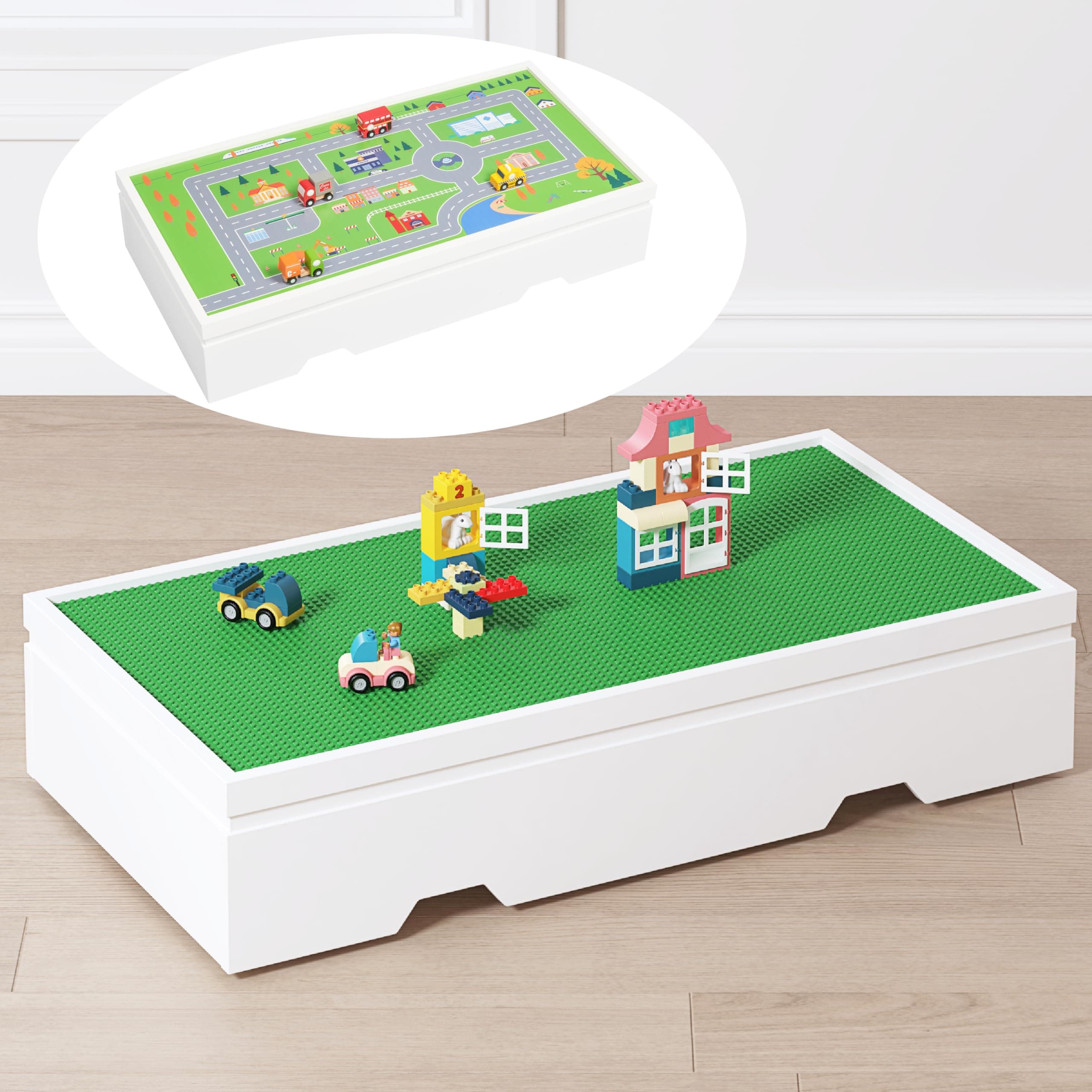 UTEX 3 in 1 Construction Play Table Compatible with Lego, Rolling Kids Activity Train Table with Storage and Wheels, Reversible Top Store Under Beds or Sofas