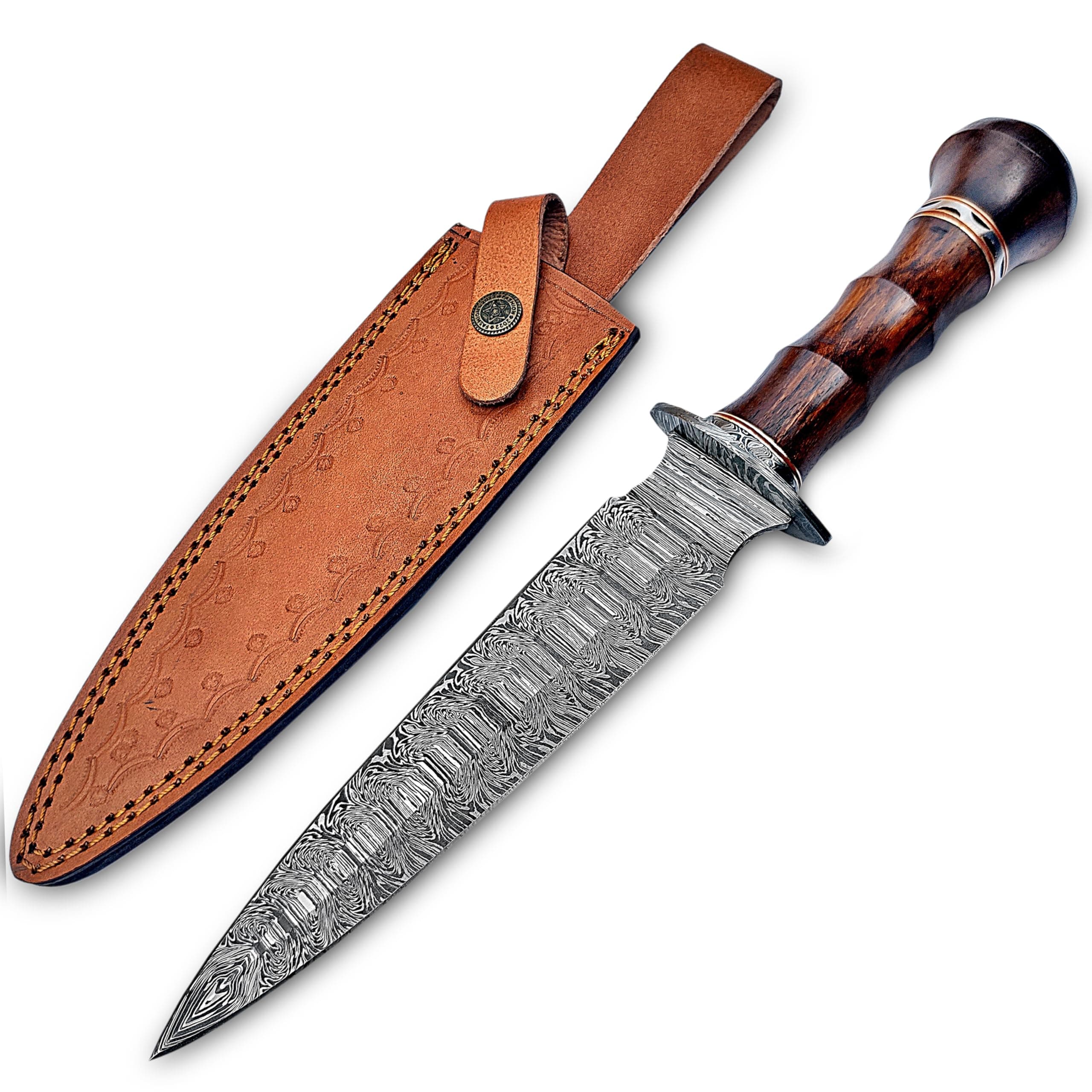 Handmade Damascus Steel Dagger Knife, 13 Inches Hunting knife Perfect Grip with Wood Handle, EDC Fixed Blade Knife With Leather Sheath for Camping, Tactical, Survival