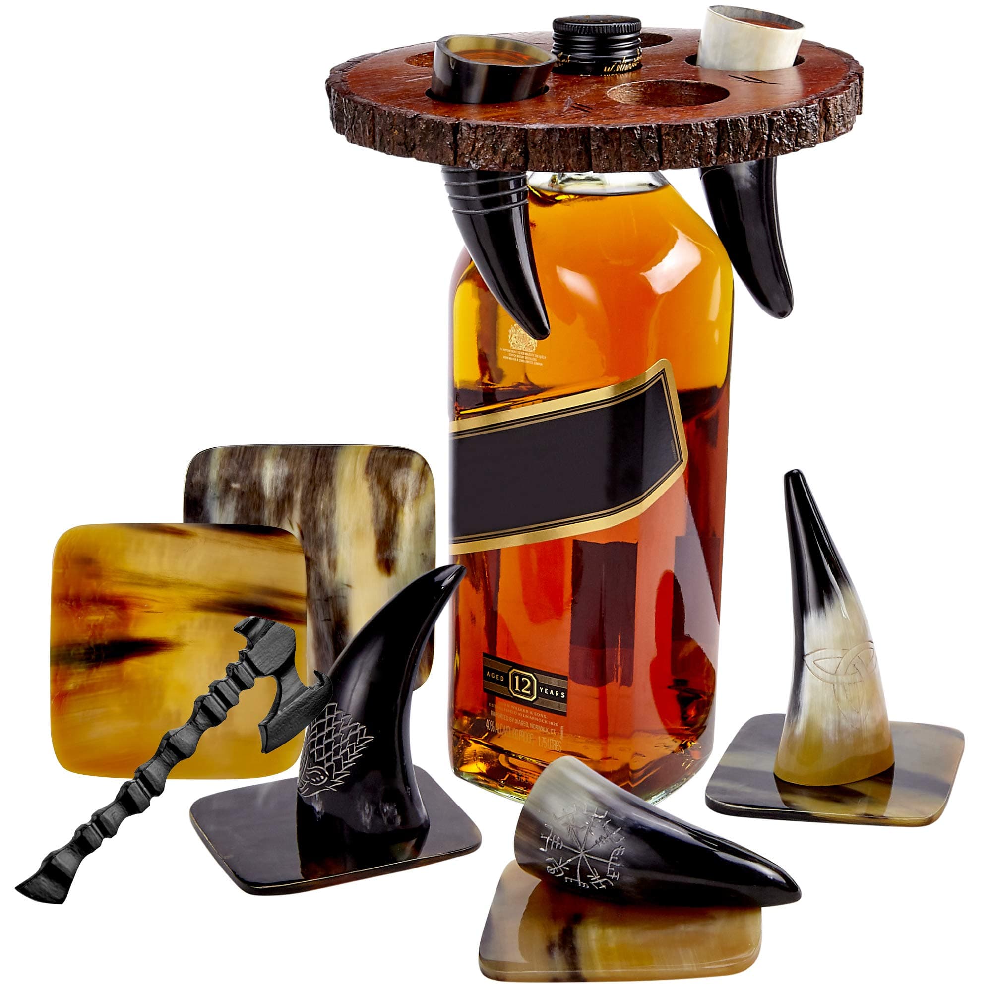 Viking Horn Drinking Cup Shot Glasses with Vintage Axe Bottle Opener, Coasters, and Rustic Wood Display Stand, Toasting Vessels for Party, Event, Bachelors
