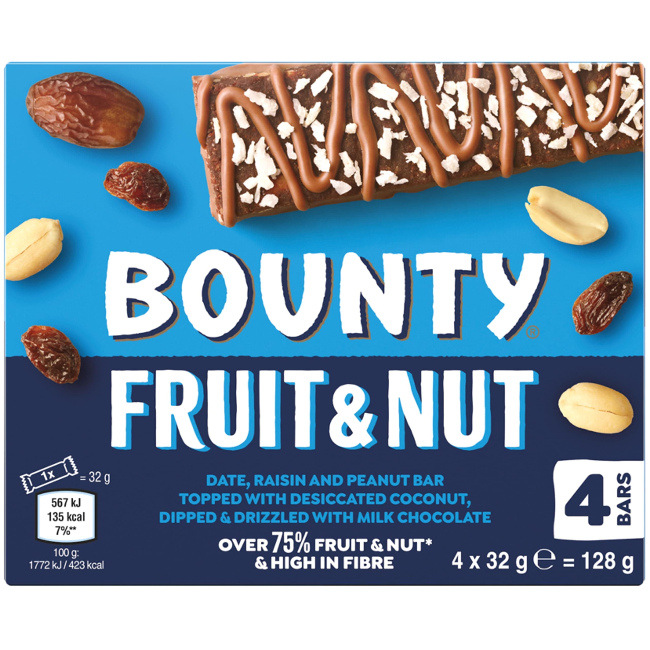 Bounty Fruit & Nut Milk Chocolate Snack Bars Multipack 4 Bars x 32g